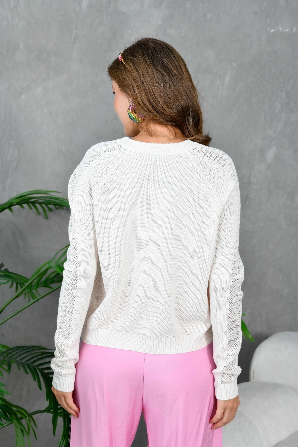 Kadın Bisiklet Yaka Kolları Ajurlu Basic Triko Kazak