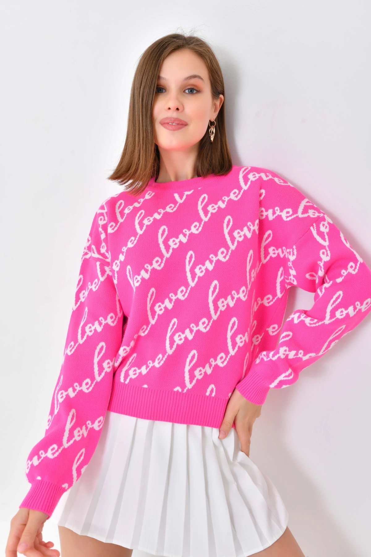 Kadın Bisiklet Yaka Love Yazı Detaylı Triko Kazak 10517