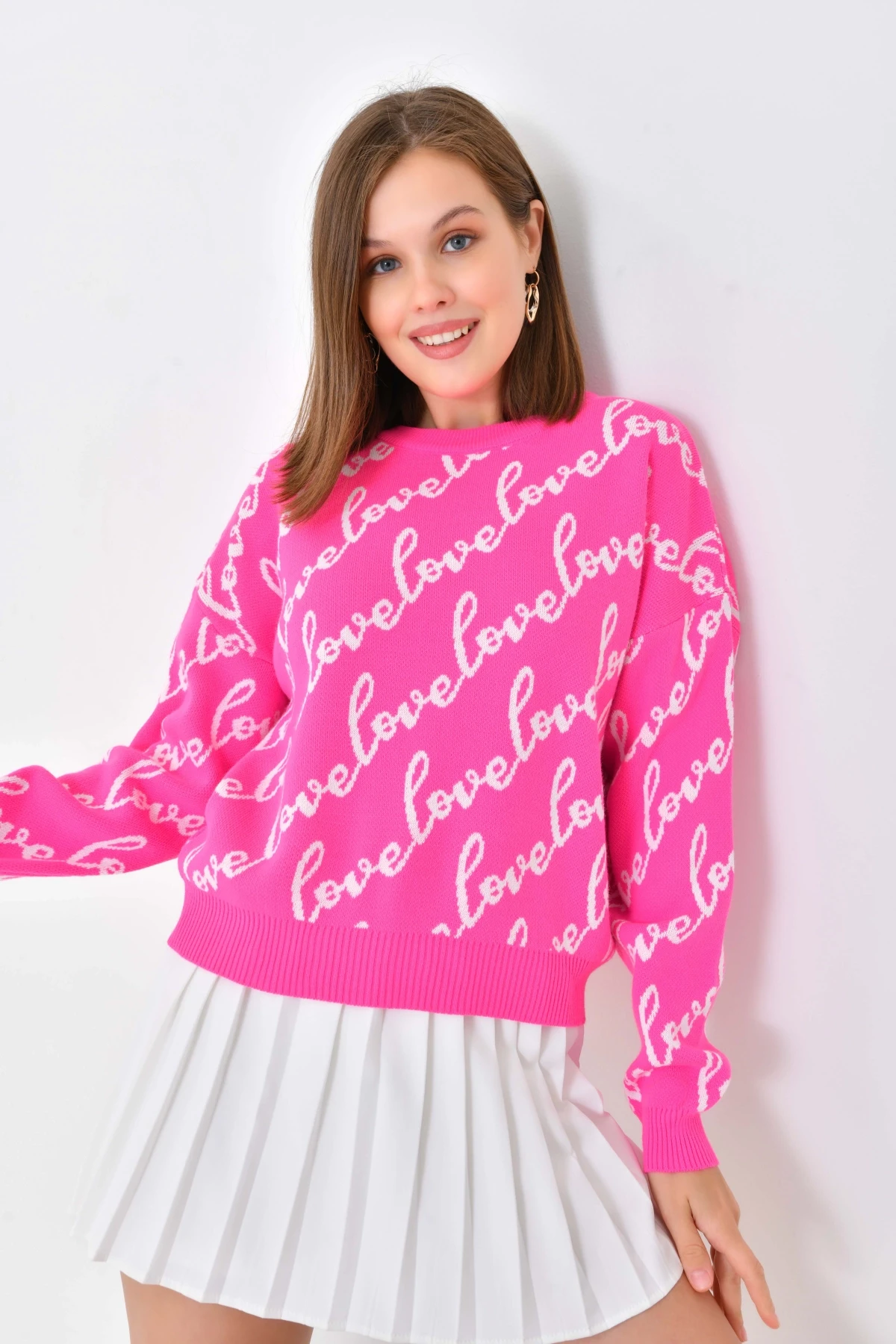 Kadın Bisiklet Yaka Love Yazı Detaylı Triko Kazak 10517