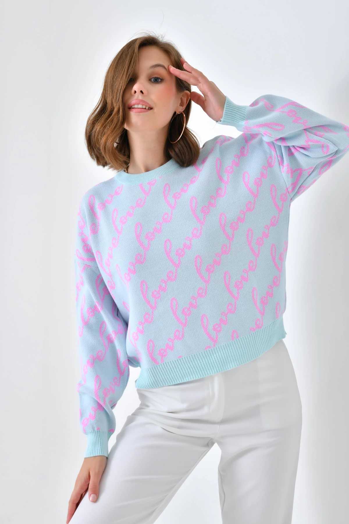 Kadın Bisiklet Yaka Love Yazı Detaylı Triko Kazak 10517