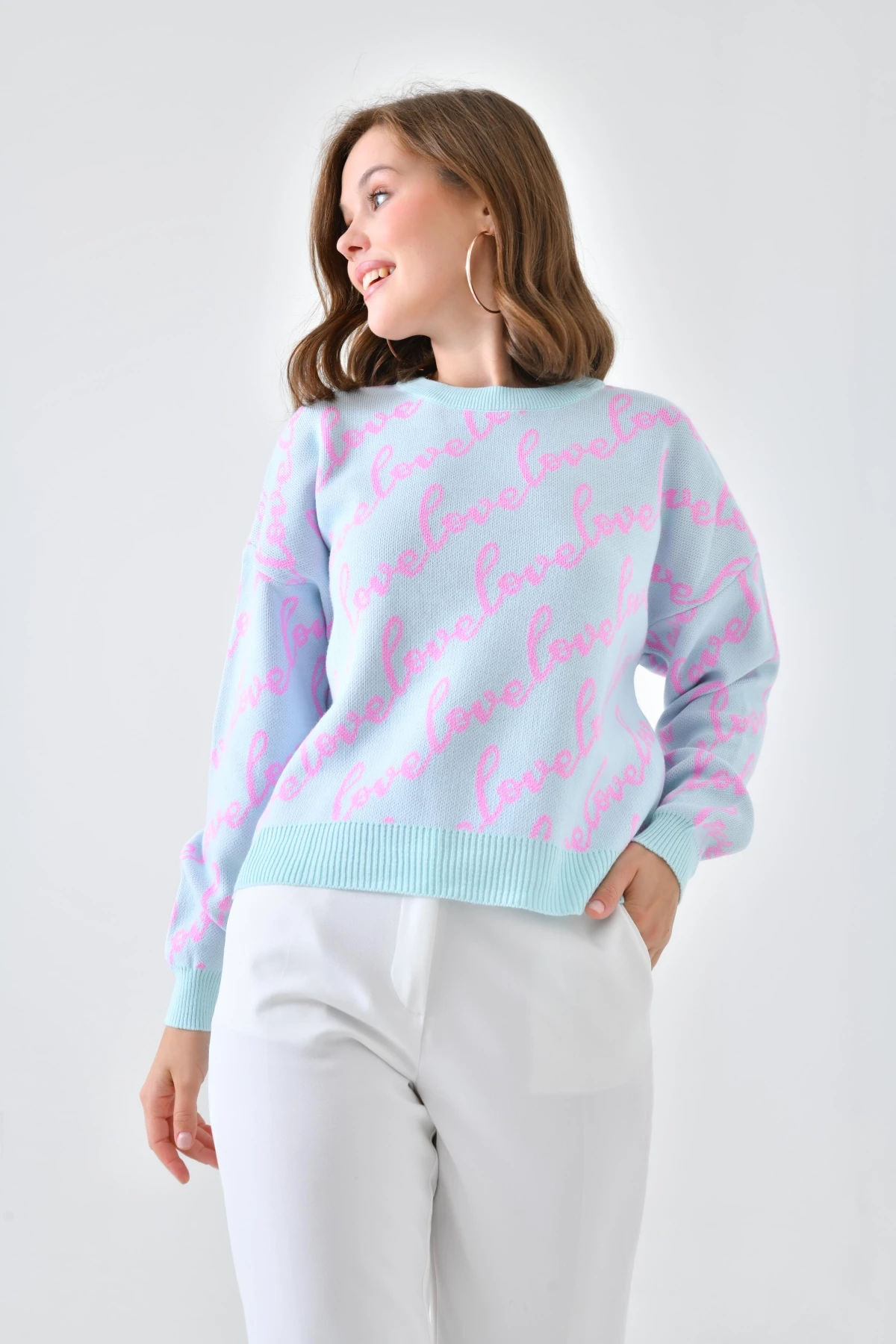 Kadın Bisiklet Yaka Love Yazı Detaylı Triko Kazak 10517