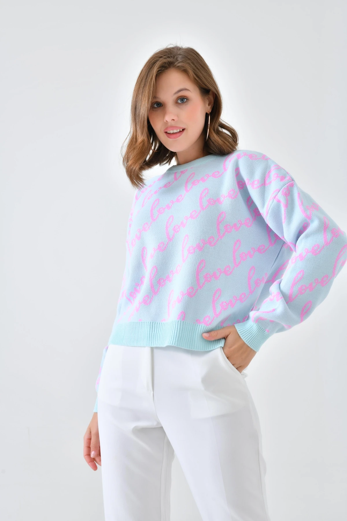 Kadın Bisiklet Yaka Love Yazı Detaylı Triko Kazak 10517