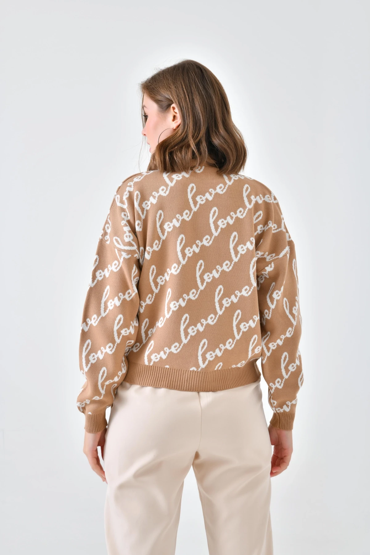 Kadın Bisiklet Yaka Love Yazı Detaylı Triko Kazak 10517