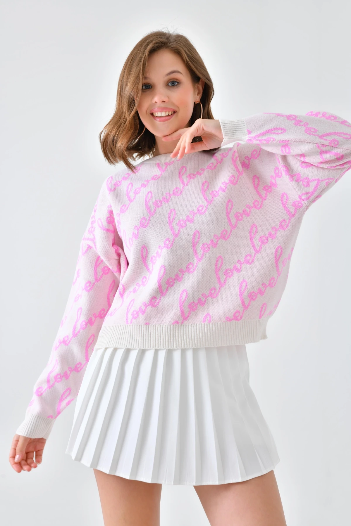 Kadın Bisiklet Yaka Love Yazı Detaylı Triko Kazak 10517