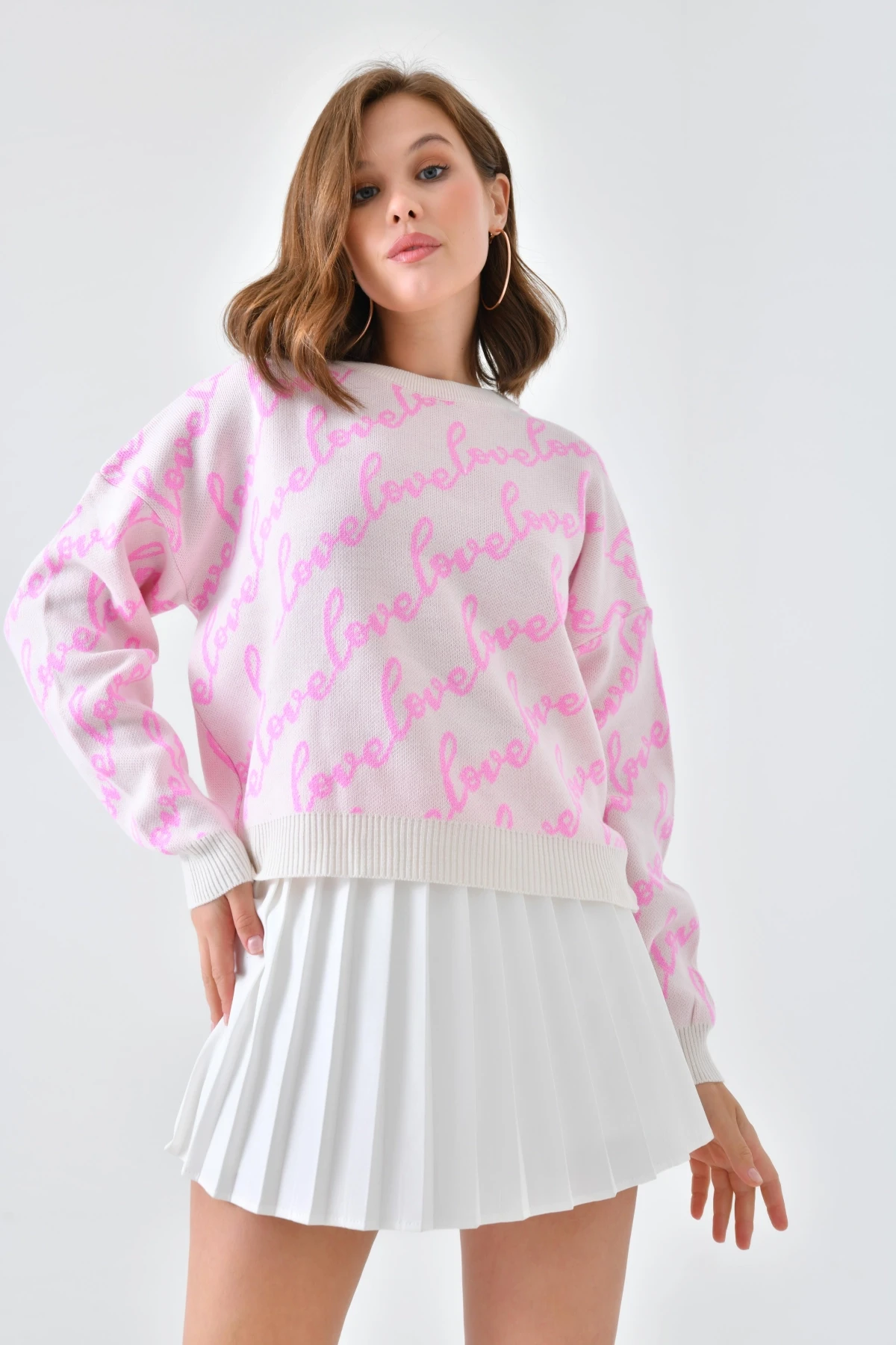 Kadın Bisiklet Yaka Love Yazı Detaylı Triko Kazak 10517