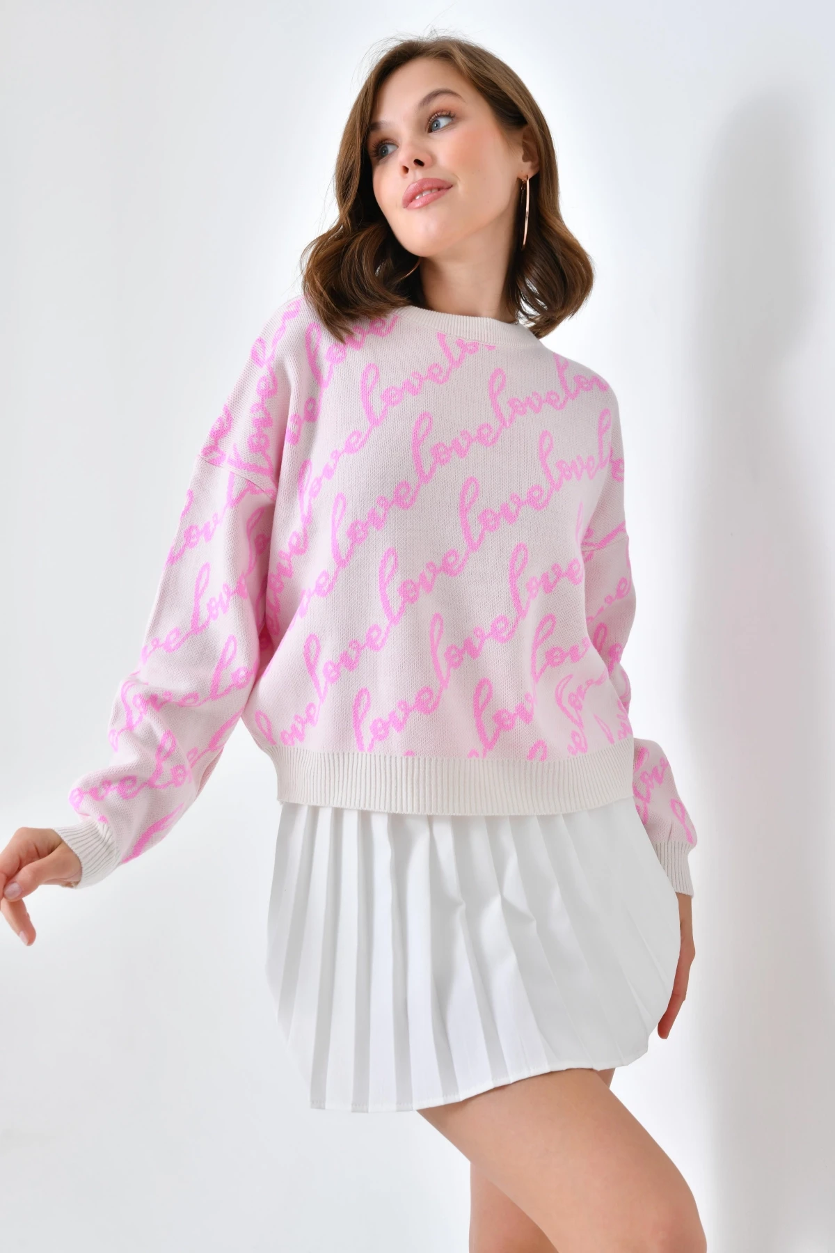 Kadın Bisiklet Yaka Love Yazı Detaylı Triko Kazak 10517