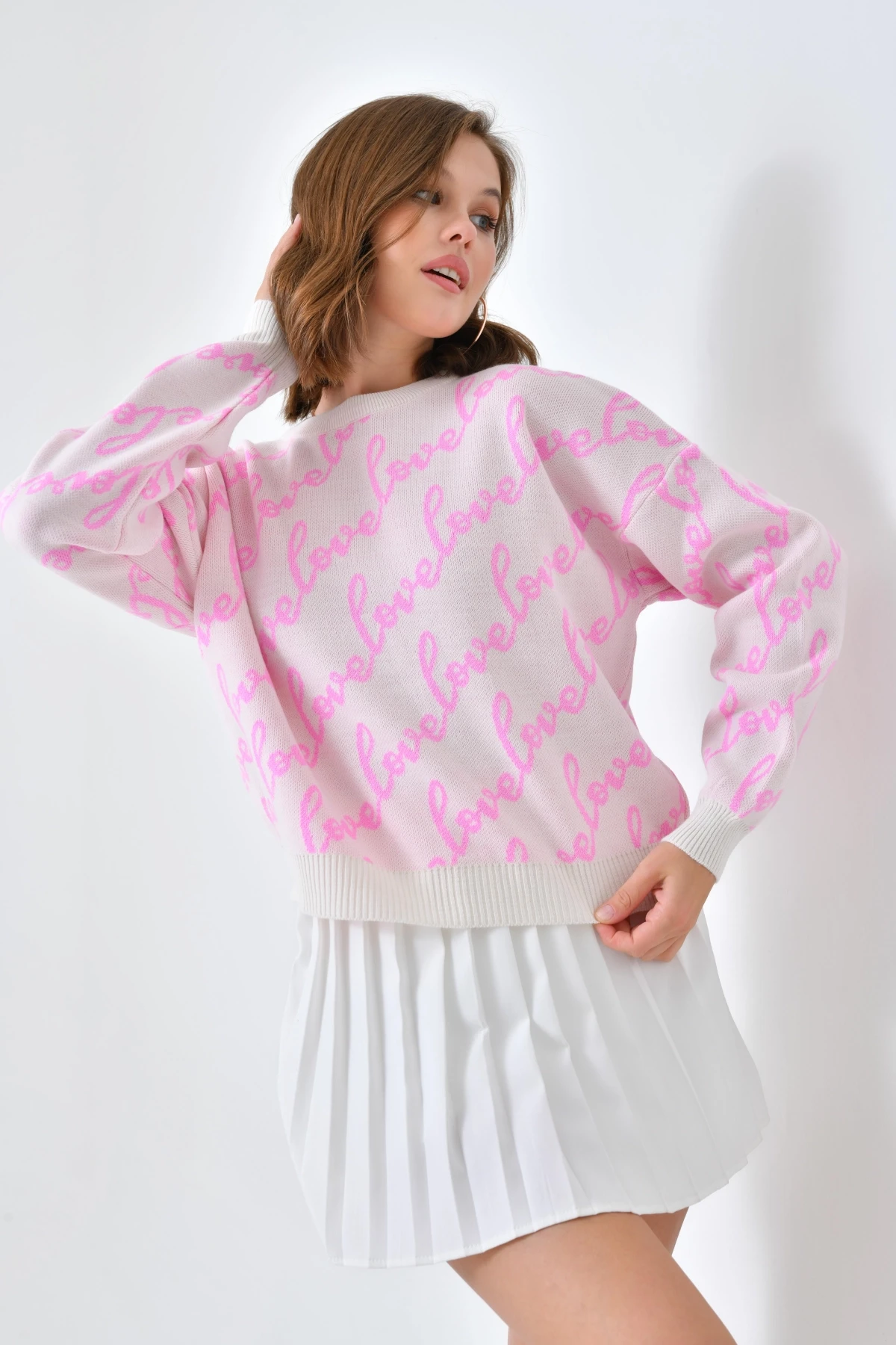 Kadın Bisiklet Yaka Love Yazı Detaylı Triko Kazak 10517