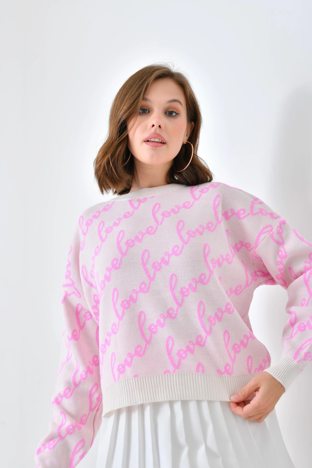 Kadın Bisiklet Yaka Love Yazı Detaylı Triko Kazak 10517