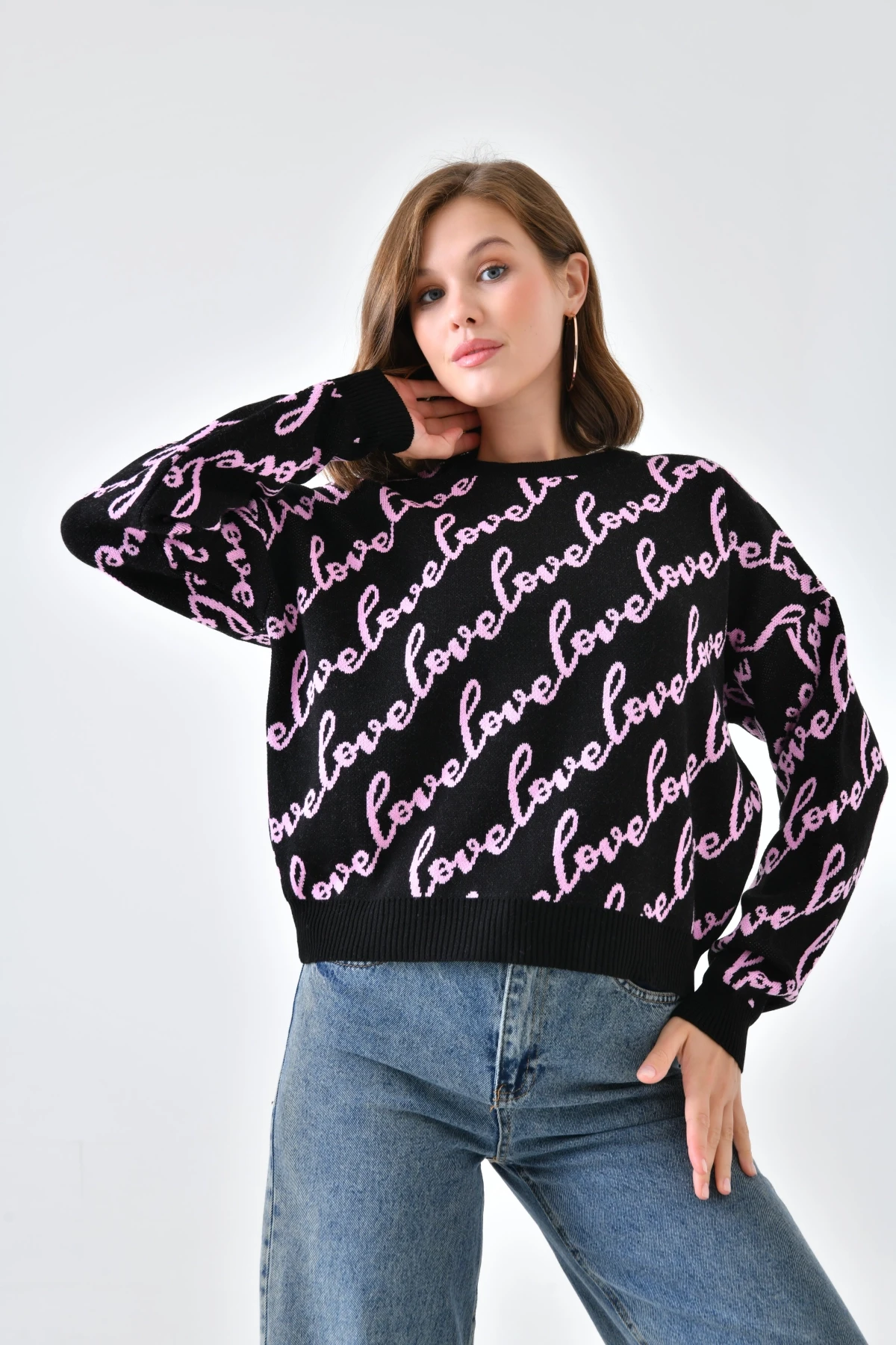 Kadın Bisiklet Yaka Love Yazı Detaylı Triko Kazak 10517