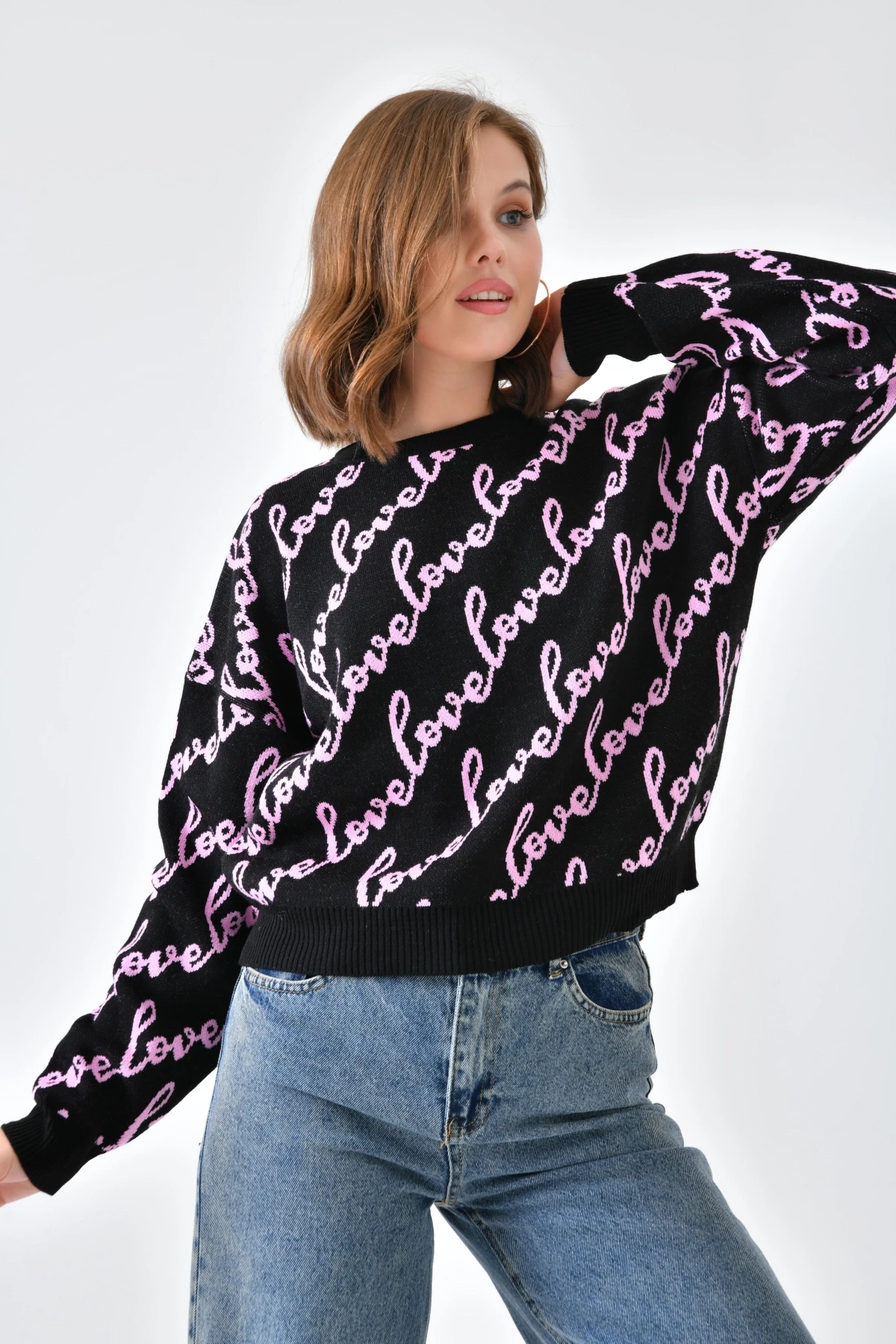 Kadın Bisiklet Yaka Love Yazı Detaylı Triko Kazak 10517