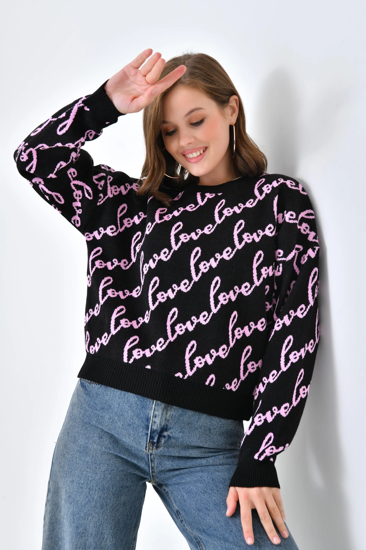 Kadın Bisiklet Yaka Love Yazı Detaylı Triko Kazak 10517