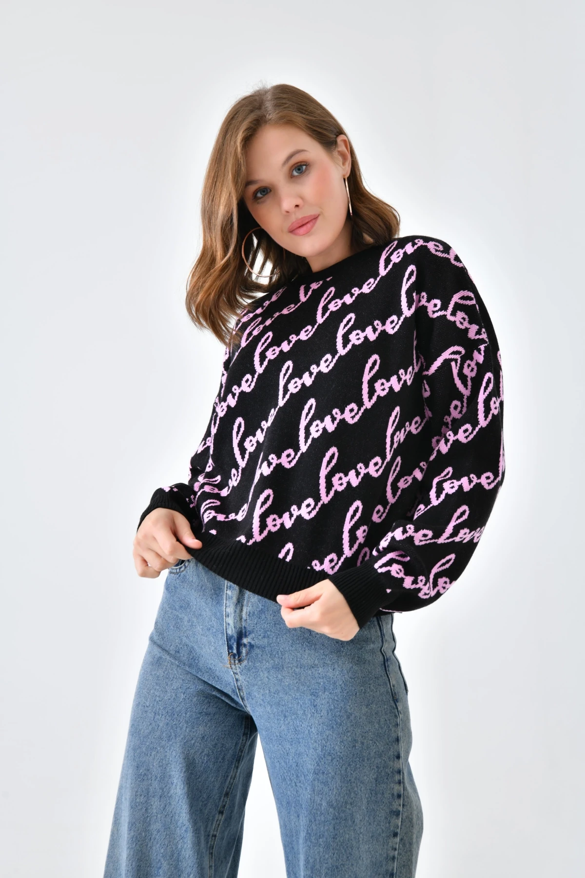 Kadın Bisiklet Yaka Love Yazı Detaylı Triko Kazak 10517