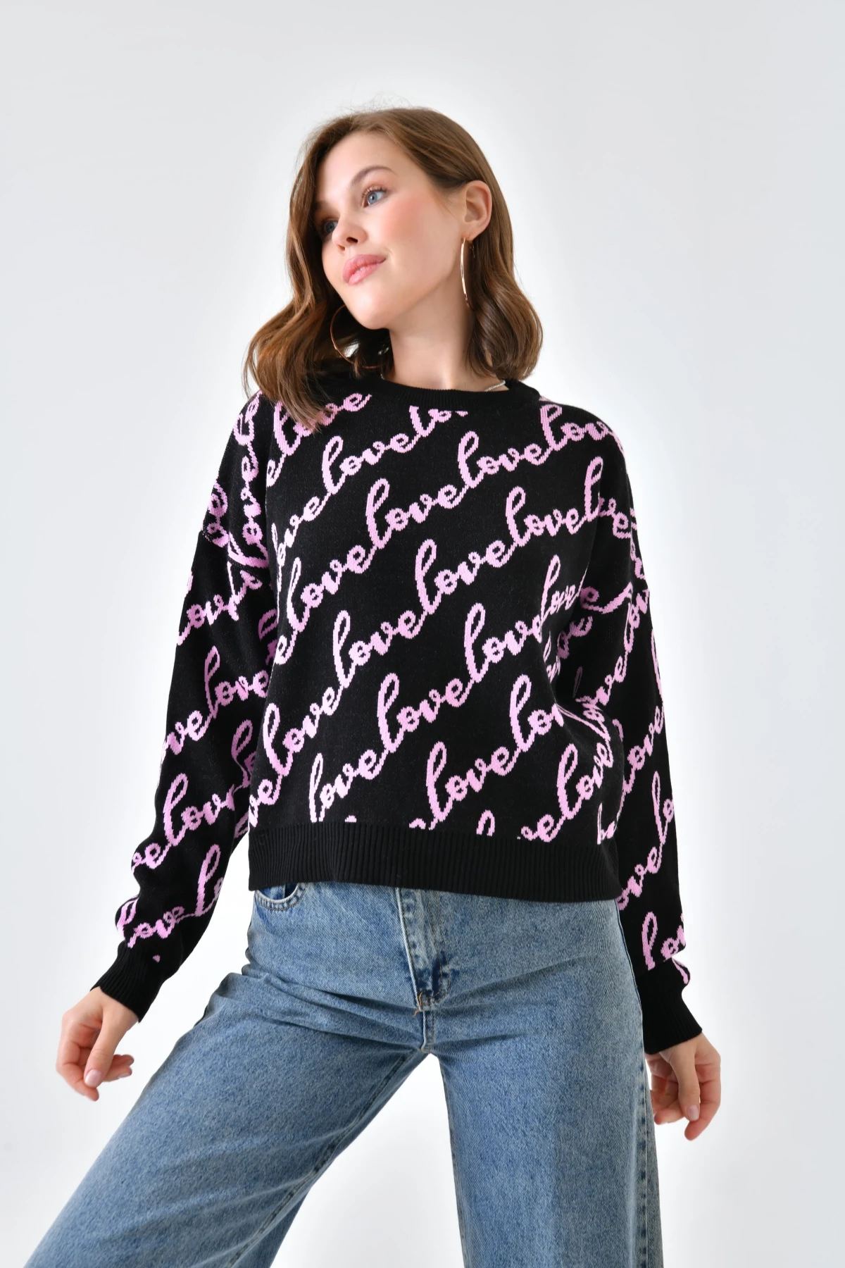 Kadın Bisiklet Yaka Love Yazı Detaylı Triko Kazak 10517