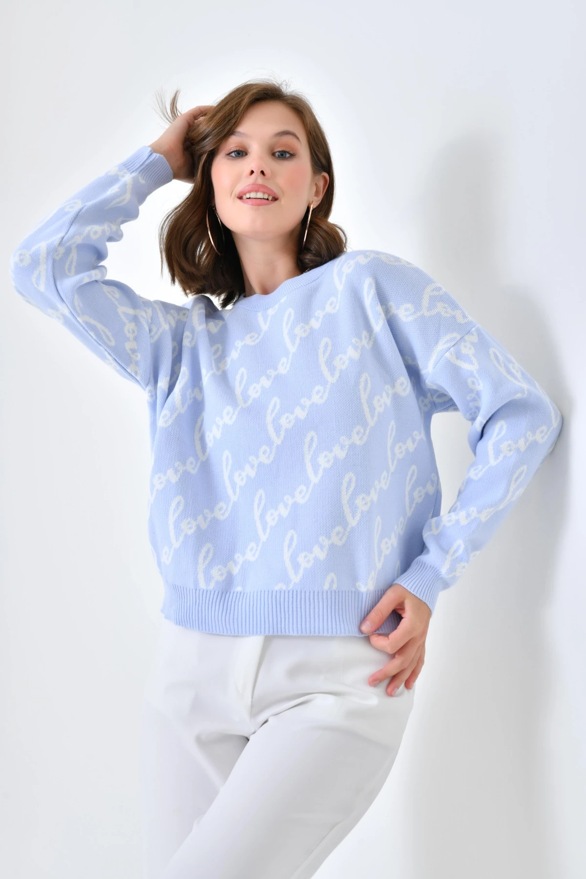 Kadın Bisiklet Yaka Love Yazı Detaylı Triko Kazak 10517