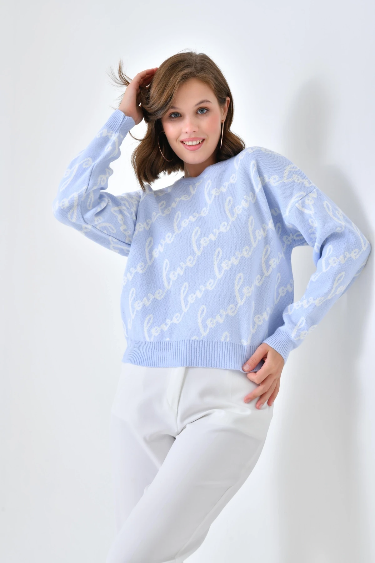 Kadın Bisiklet Yaka Love Yazı Detaylı Triko Kazak 10517