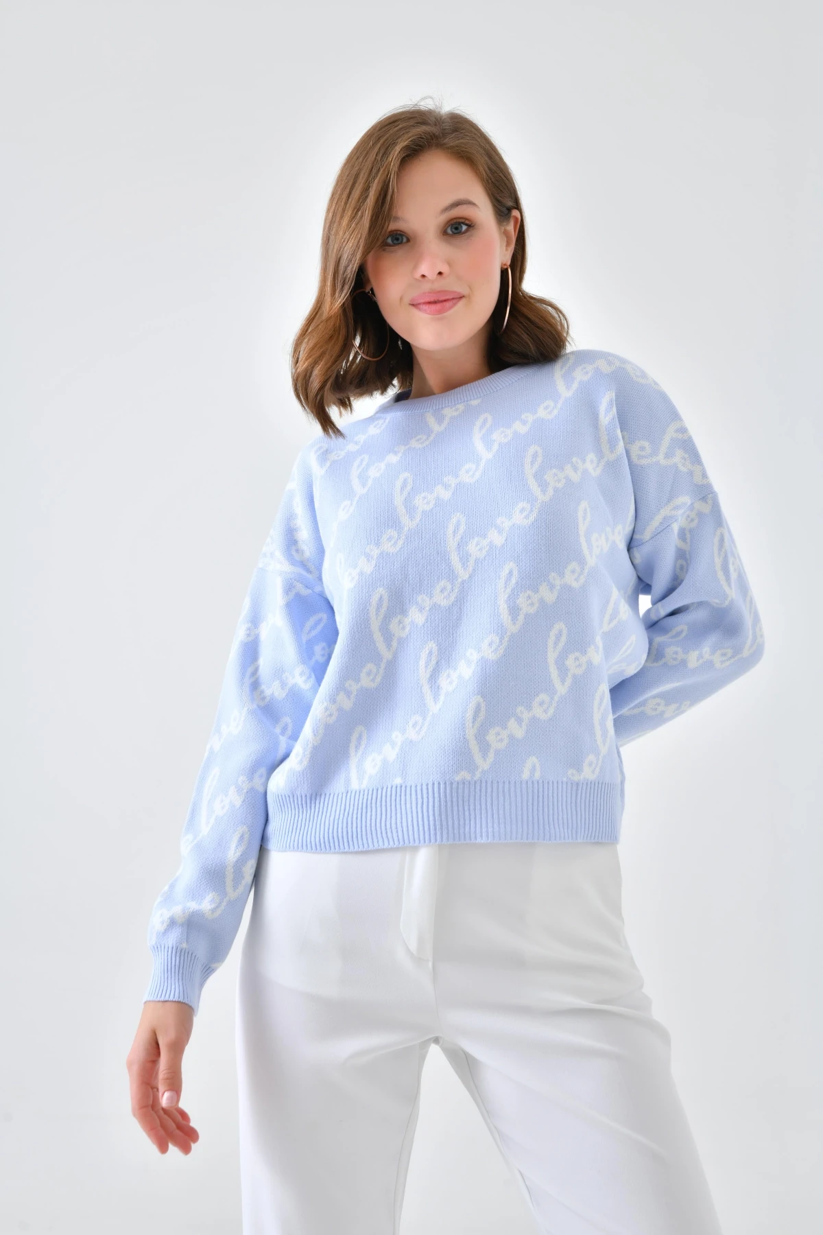 Kadın Bisiklet Yaka Love Yazı Detaylı Triko Kazak 10517