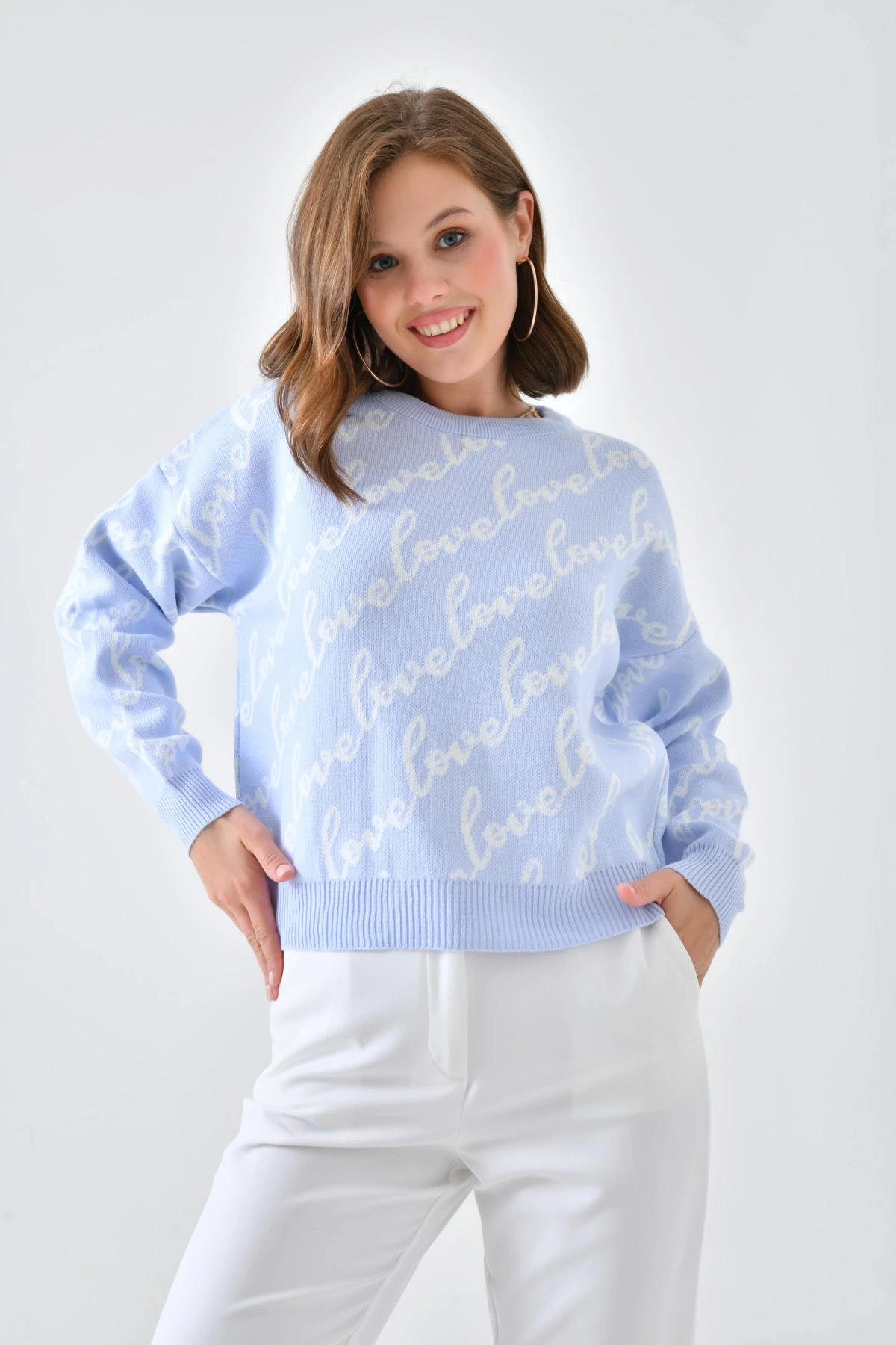 Kadın Bisiklet Yaka Love Yazı Detaylı Triko Kazak 10517