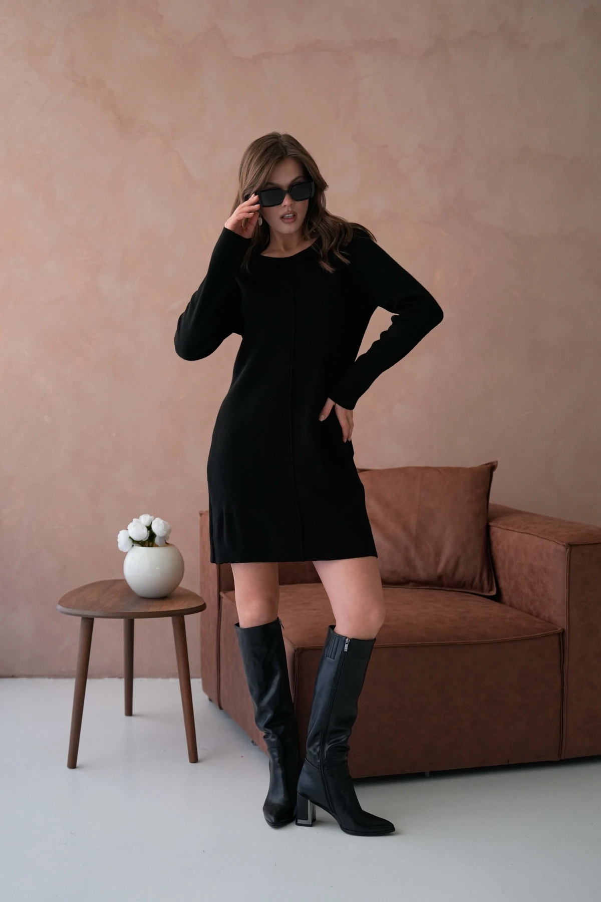 Kadın Bisiklet Yaka Midi Boy Yumuşak Dokulu Basic Triko Elbise 12027