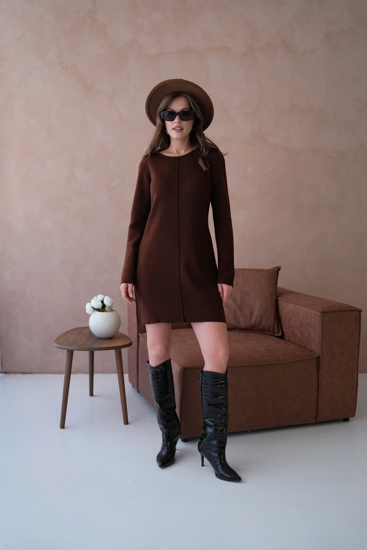 Kadın Bisiklet Yaka Midi Boy Yumuşak Dokulu Basic Triko Elbise 12027