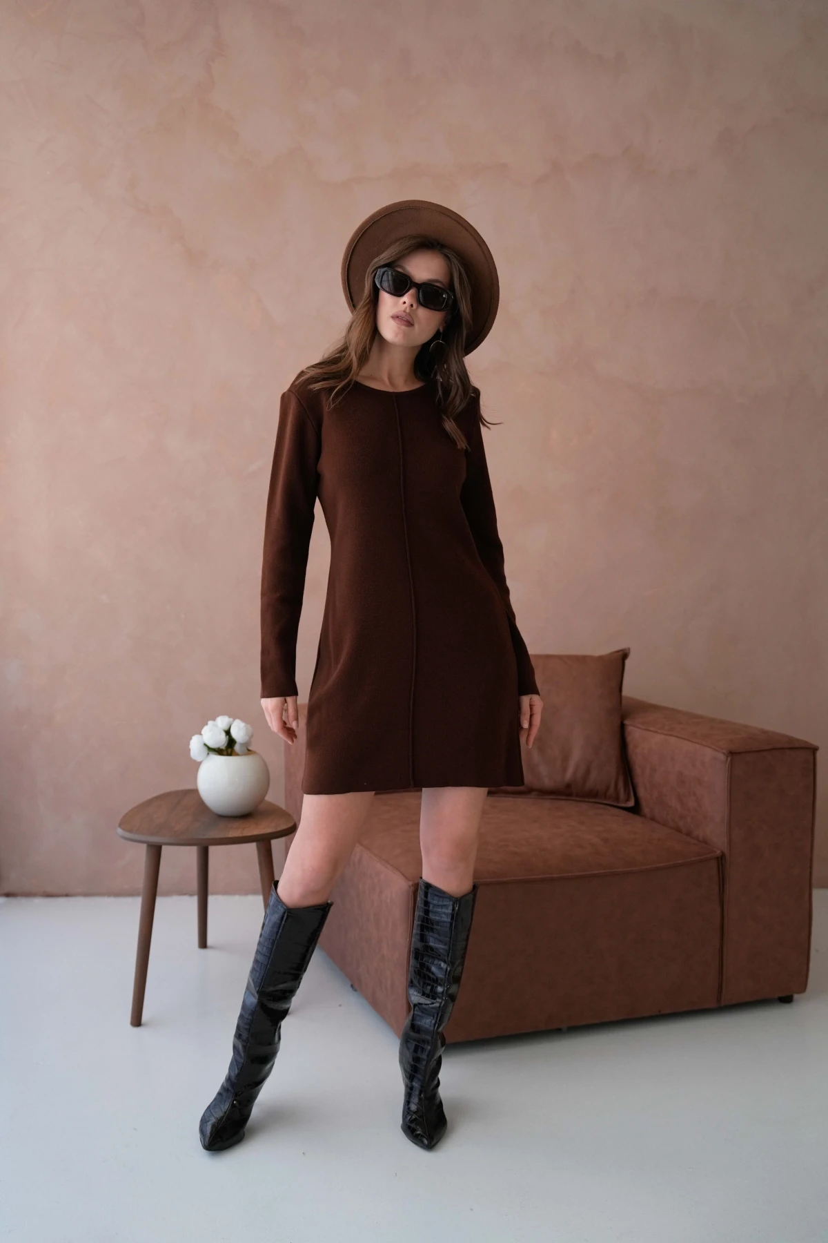 Kadın Bisiklet Yaka Midi Boy Yumuşak Dokulu Basic Triko Elbise 12027