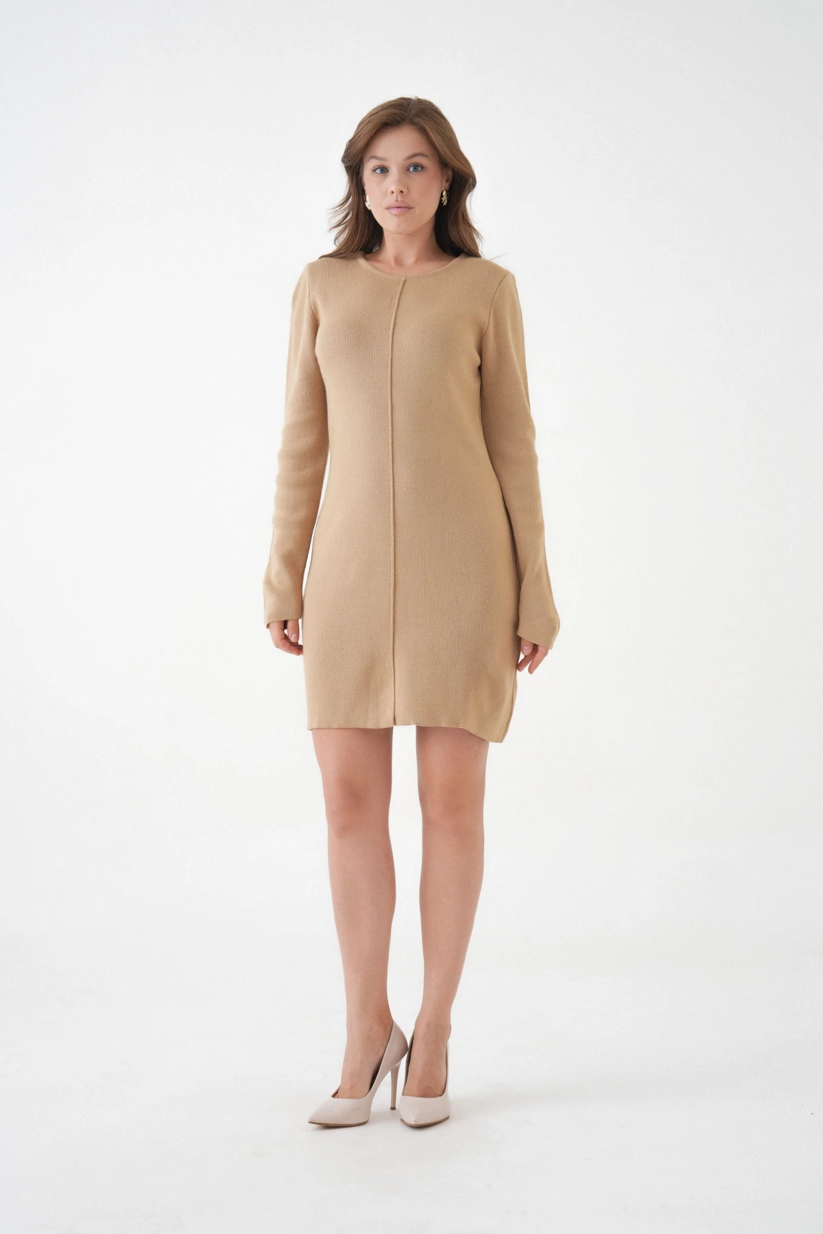 Kadın Bisiklet Yaka Midi Boy Yumuşak Dokulu Basic Triko Elbise 12027