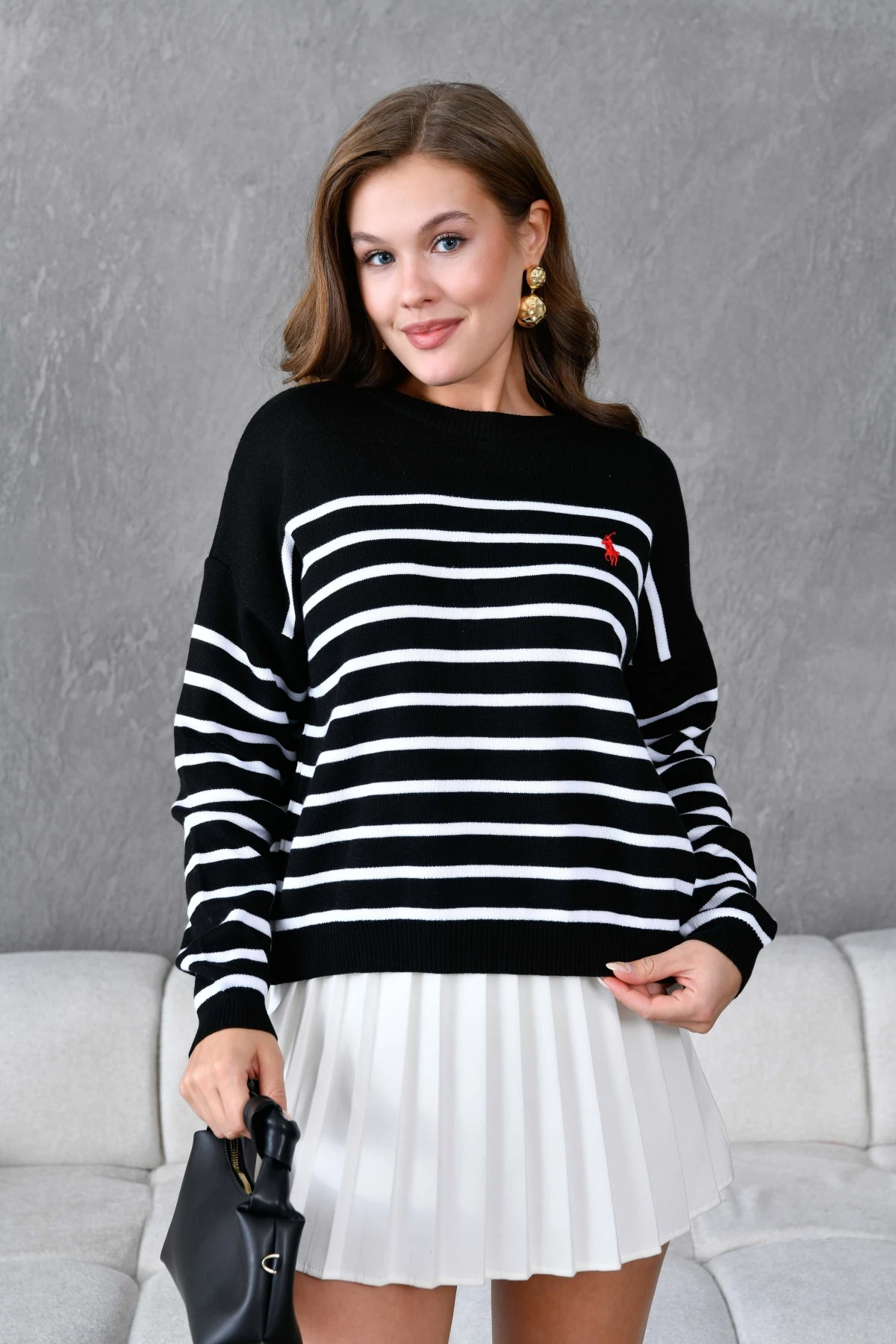 Kadın Bisiklet Yaka Nakış Detaylı Çizgili Triko Kazak 10272.Ctn