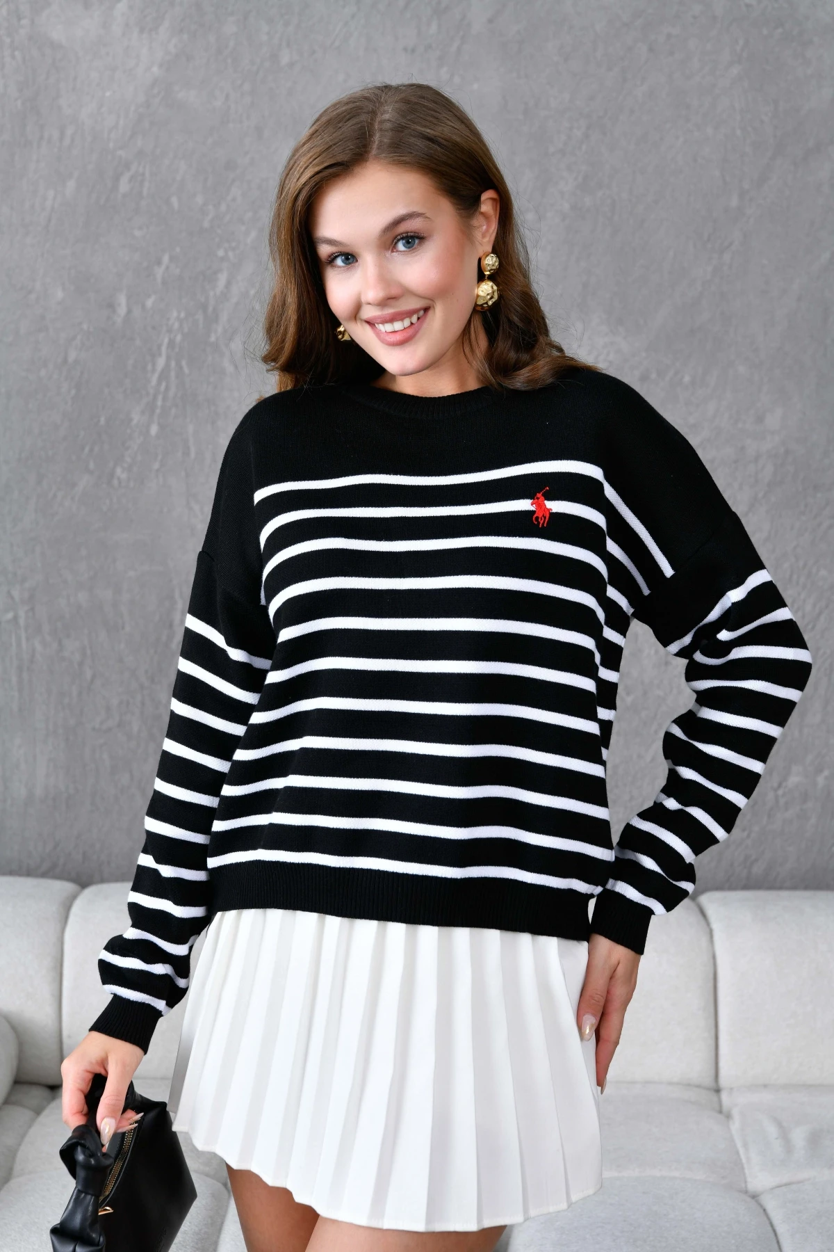 Kadın Bisiklet Yaka Nakış Detaylı Çizgili Triko Kazak 10272.Ctn