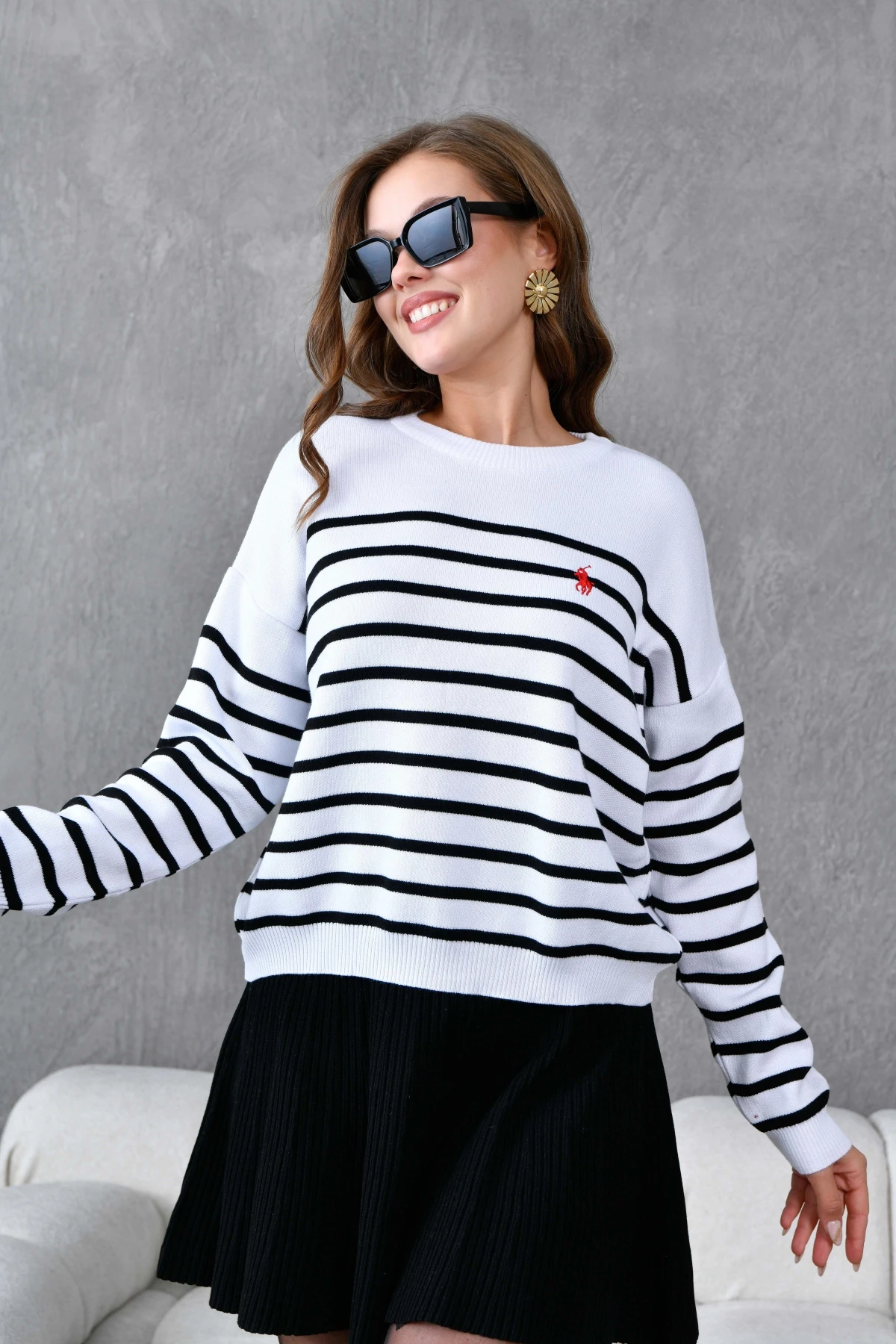 Kadın Bisiklet Yaka Nakış Detaylı Çizgili Triko Kazak 10272.Ctn