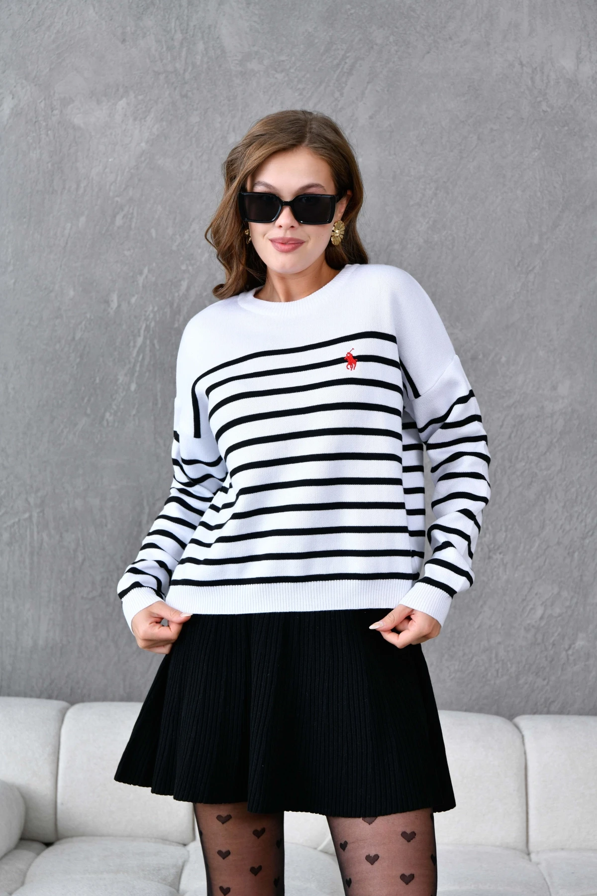 Kadın Bisiklet Yaka Nakış Detaylı Çizgili Triko Kazak 10272.Ctn