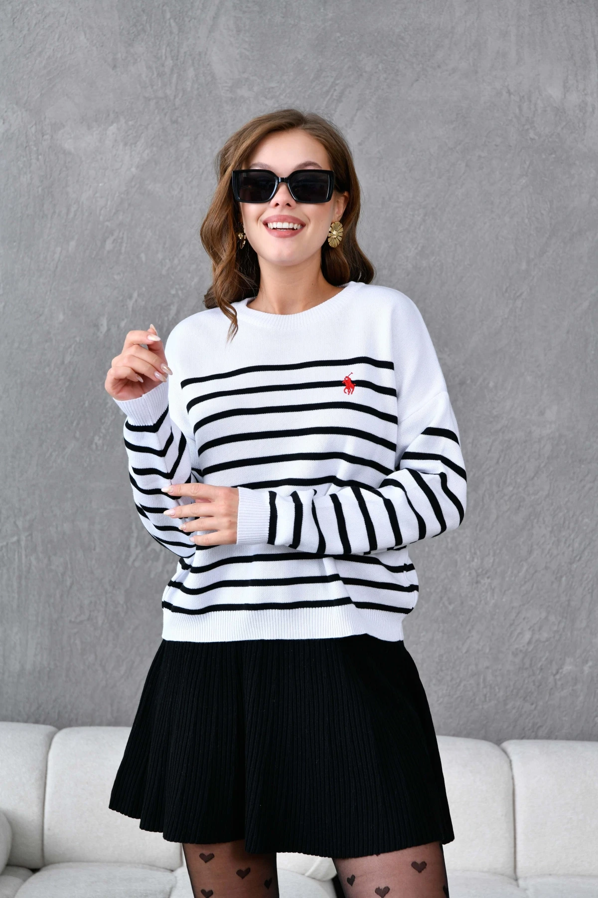 Kadın Bisiklet Yaka Nakış Detaylı Çizgili Triko Kazak 10272.Ctn