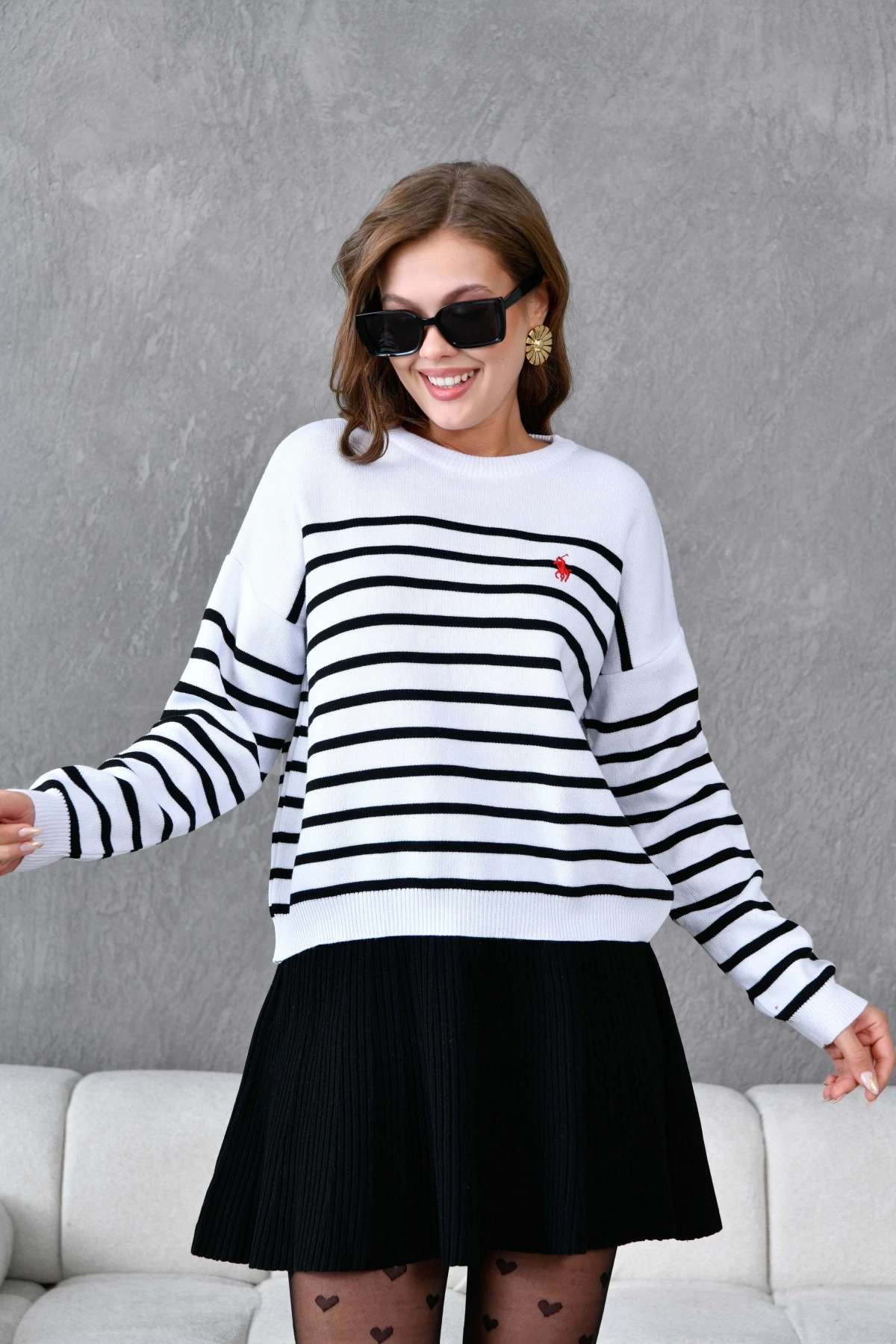 Kadın Bisiklet Yaka Nakış Detaylı Çizgili Triko Kazak 10272.Ctn