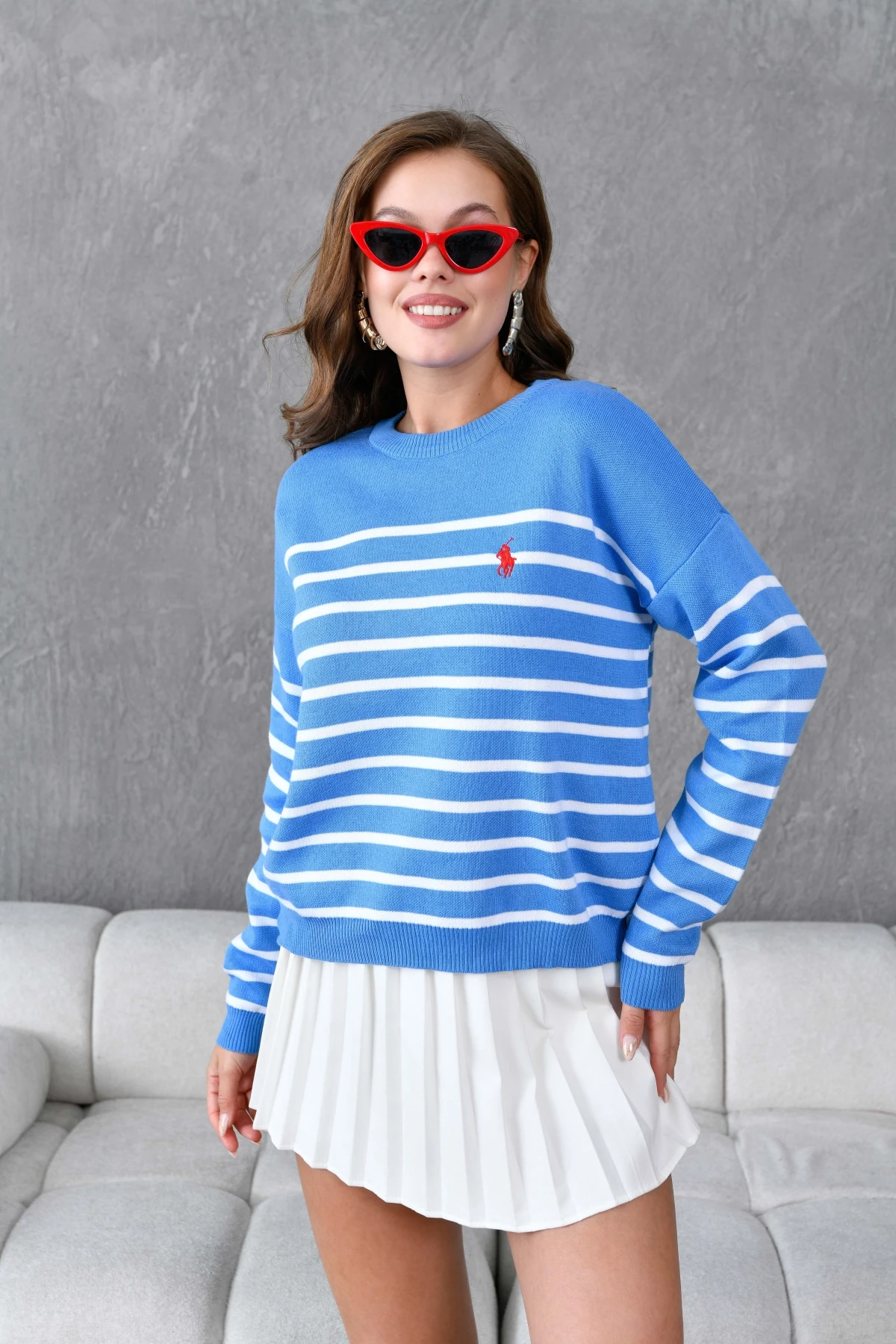 Kadın Bisiklet Yaka Nakış Detaylı Çizgili Triko Kazak 10272.Ctn