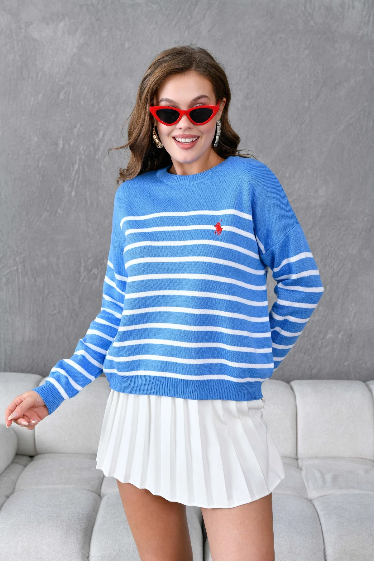 Kadın Bisiklet Yaka Nakış Detaylı Çizgili Triko Kazak 10272.Ctn