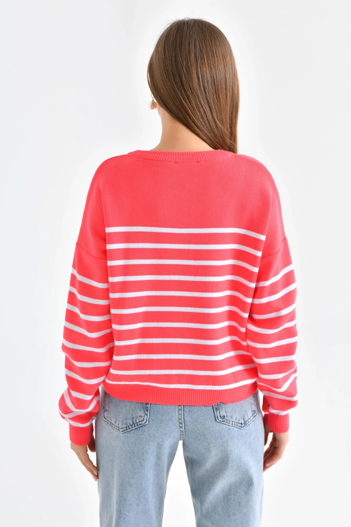 Kadın Bisiklet Yaka Nakış Detaylı Çizgili Triko Kazak 10272.Ctn