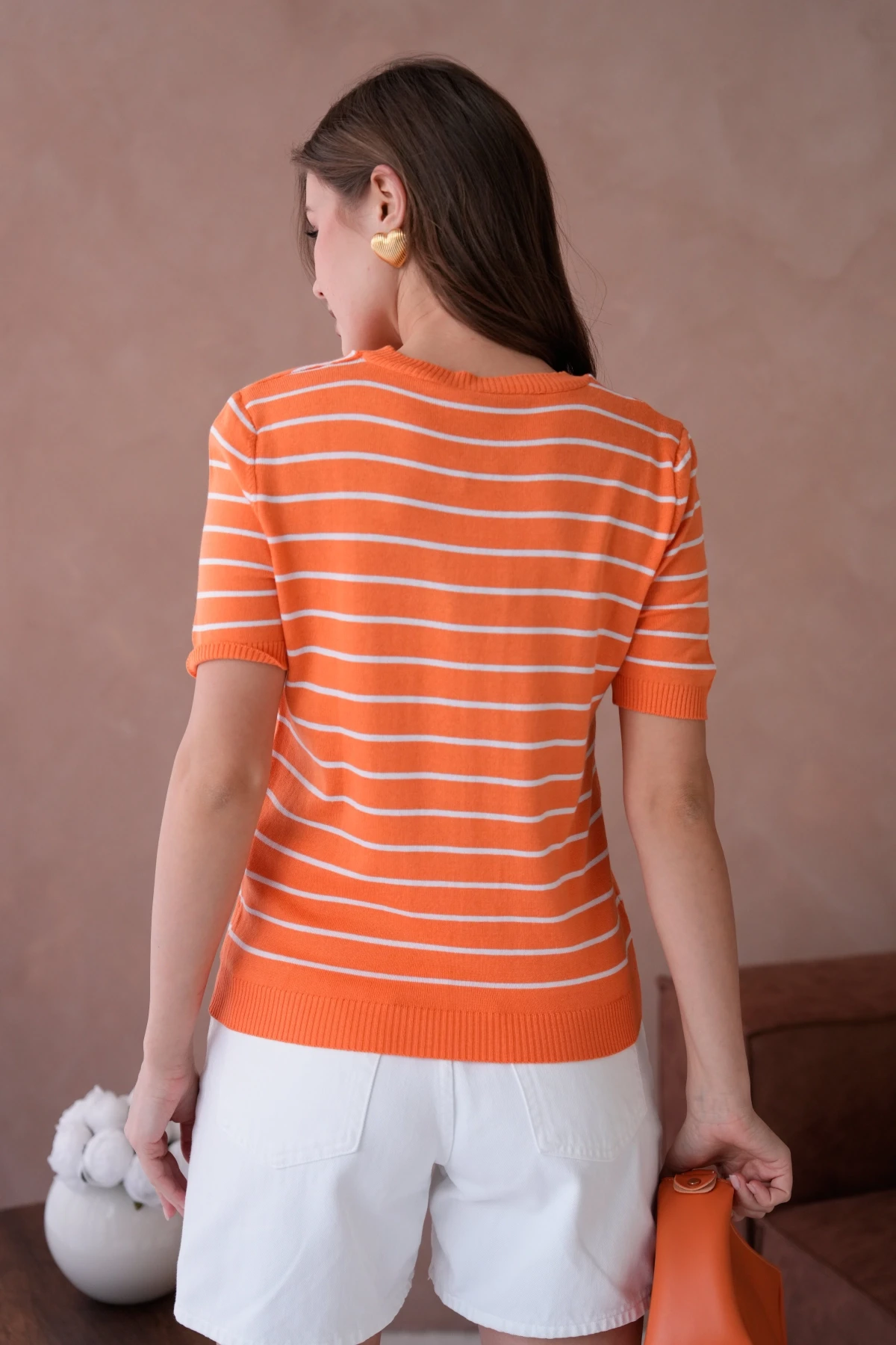 Kadın Bisiklet Yaka Nakış İşlemeli  Çizgili Triko Kazak 10051.Ctn