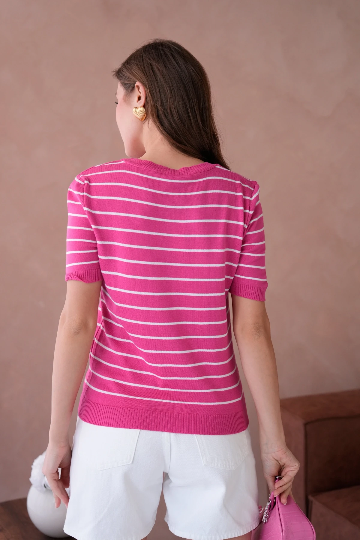 Kadın Bisiklet Yaka Nakış İşlemeli  Çizgili Triko Kazak 10051.Ctn