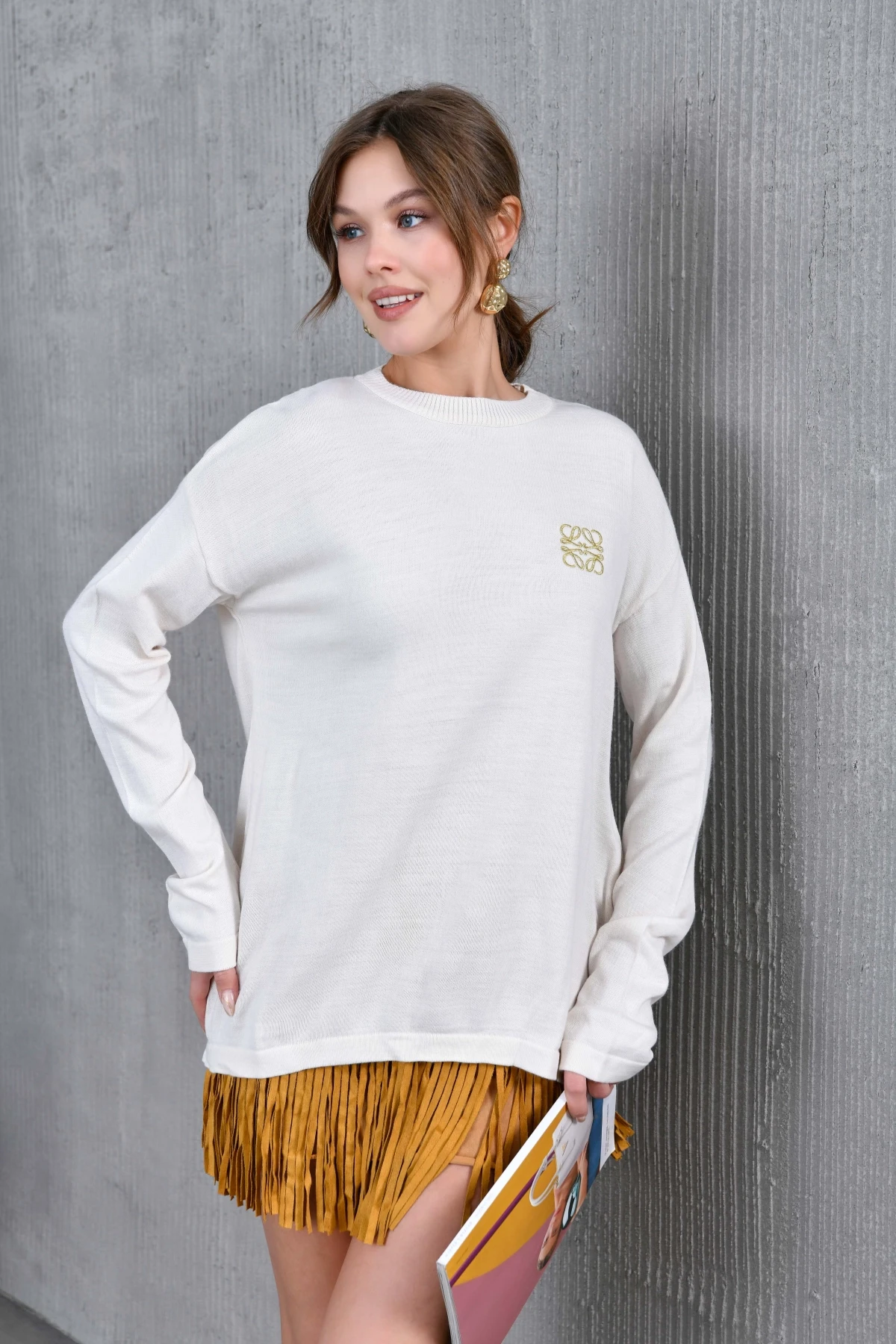 Kadın Bisiklet Yaka Nakış işlemeli Mevsimlik Triko Kazak 224293