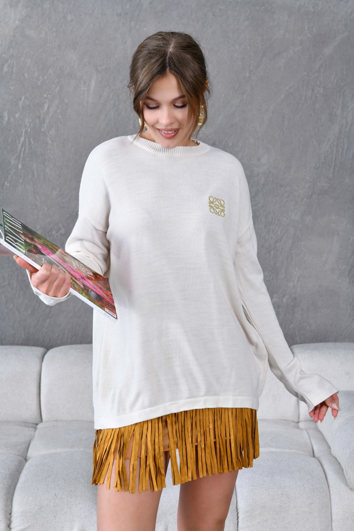 Kadın Bisiklet Yaka Nakış işlemeli Mevsimlik Triko Kazak 224293