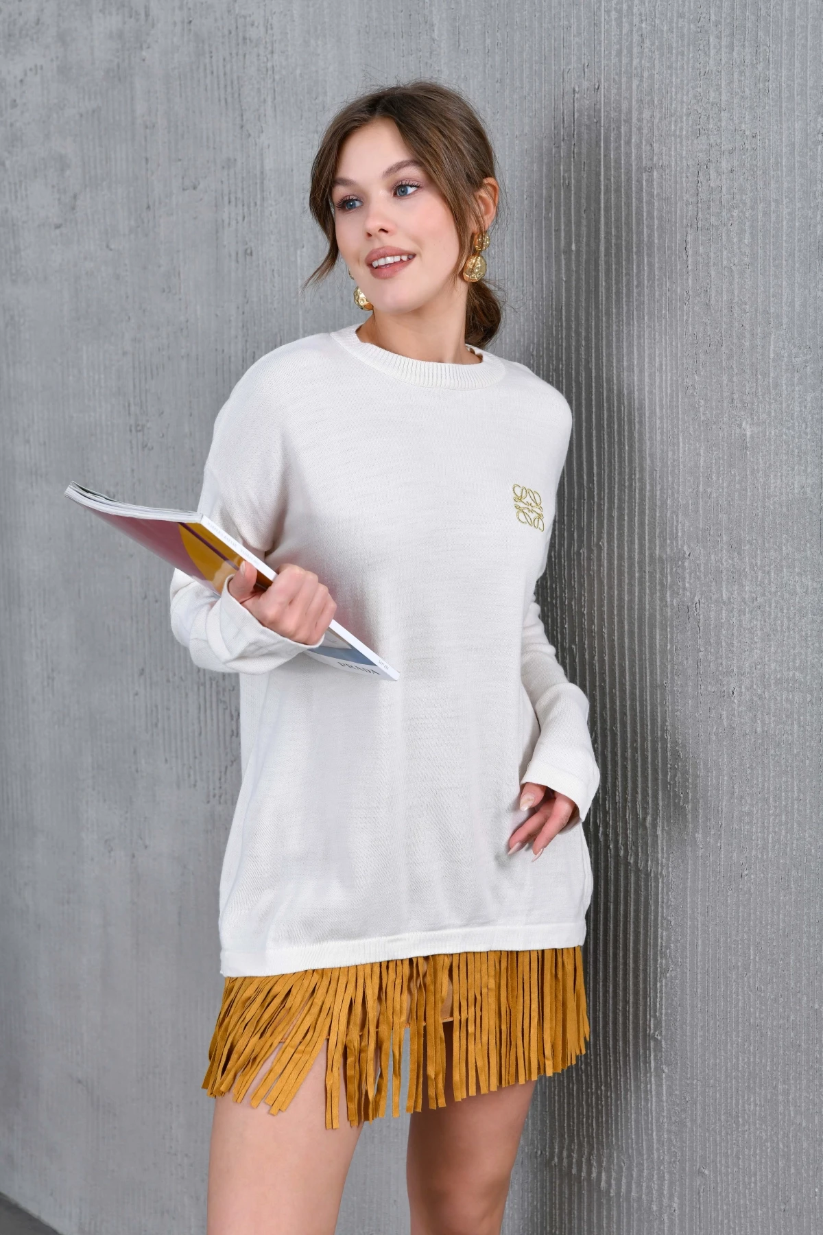 Kadın Bisiklet Yaka Nakış işlemeli Mevsimlik Triko Kazak 224293