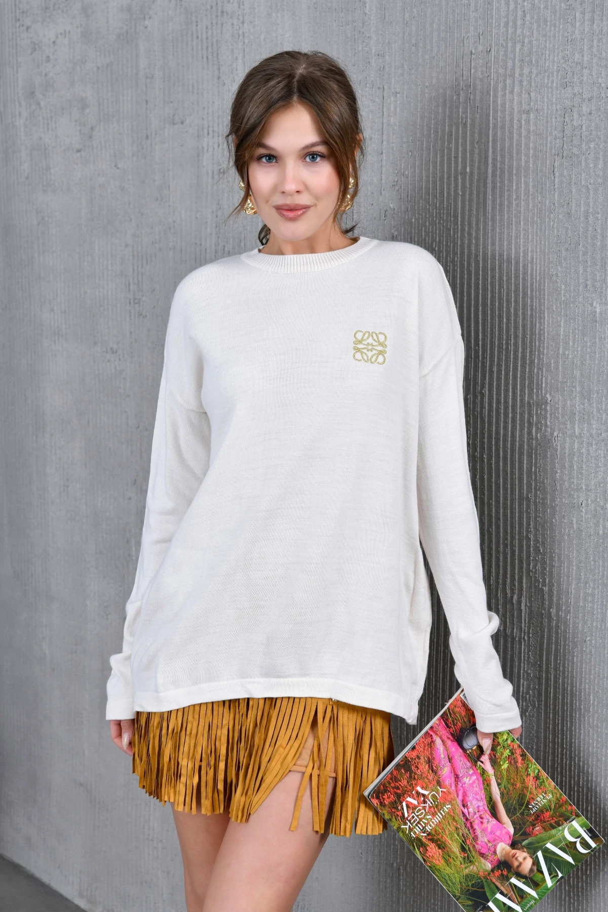 Kadın Bisiklet Yaka Nakış işlemeli Mevsimlik Triko Kazak 224293