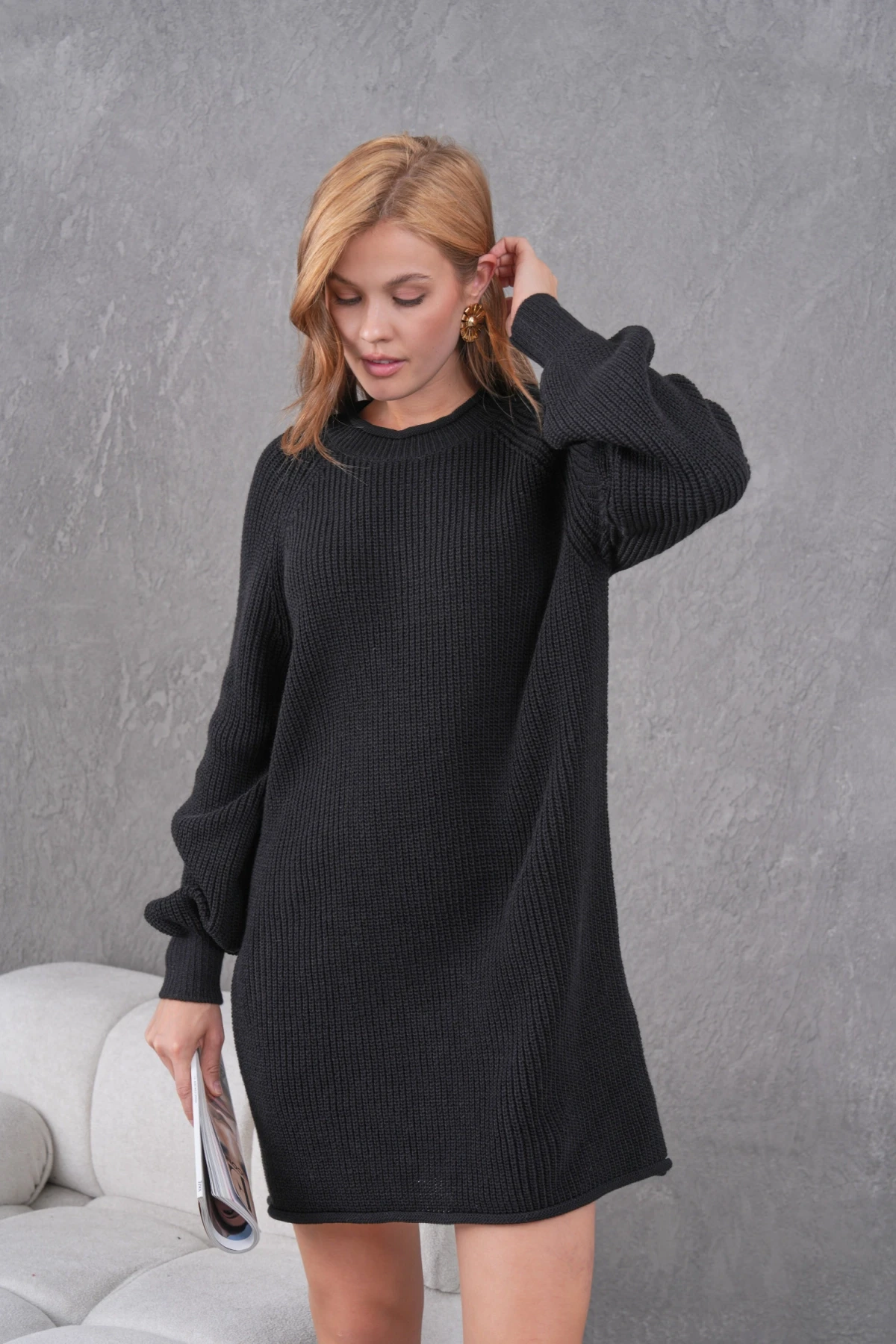 Kadın Bisiklet Yaka Örgü Detay Midi Boy Triko Tunik 8031Sw