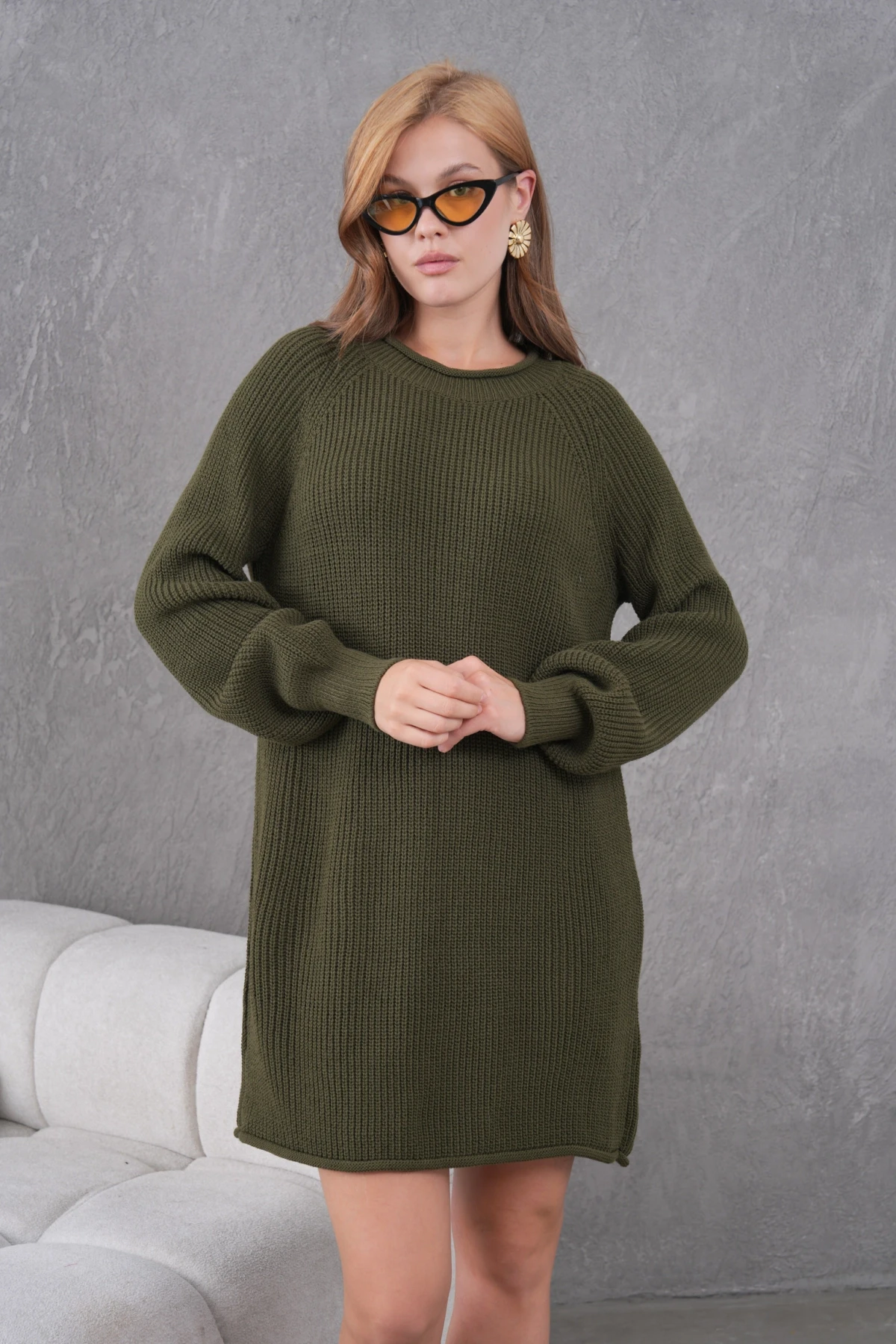 Kadın Bisiklet Yaka Örgü Detay Midi Boy Triko Tunik 8031Sw