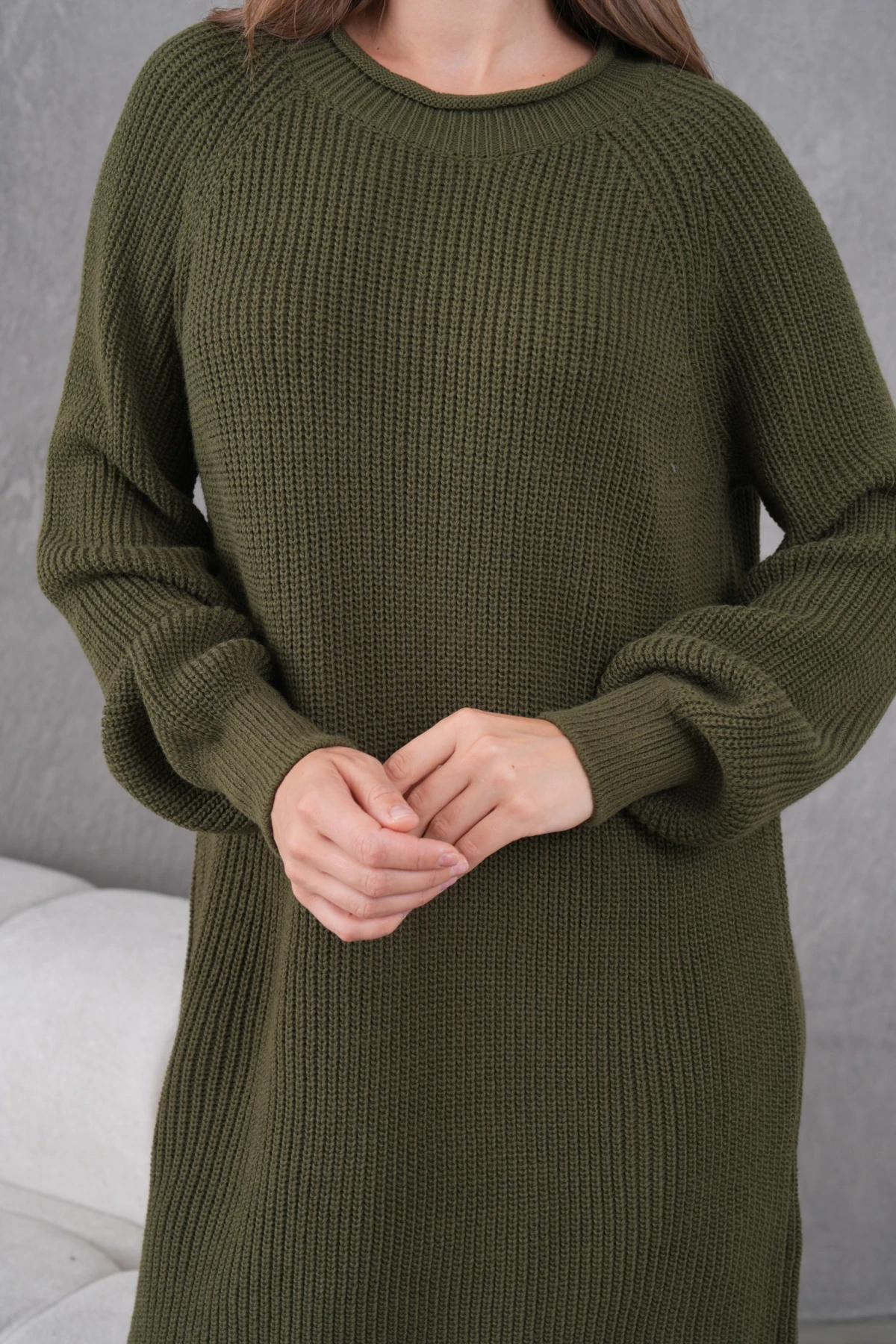 Kadın Bisiklet Yaka Örgü Detay Midi Boy Triko Tunik 8031Sw