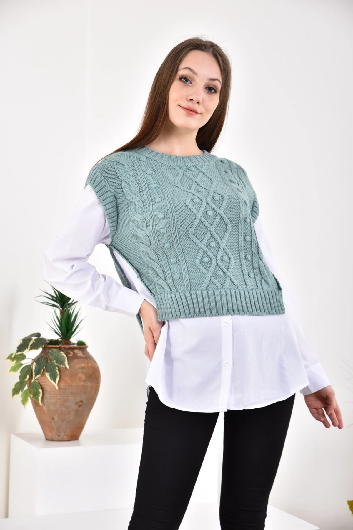 Kadın Bisiklet Yaka Örgü Detay Triko Garnili Gömlek 5821