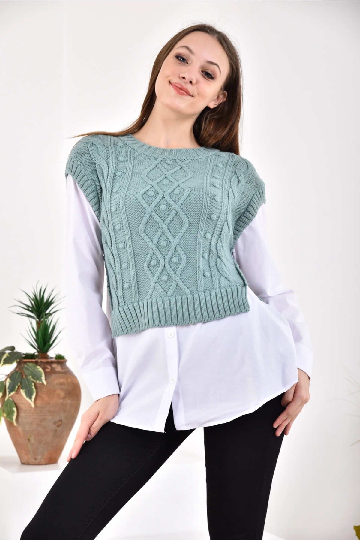 Kadın Bisiklet Yaka Örgü Detay Triko Garnili Gömlek 5821