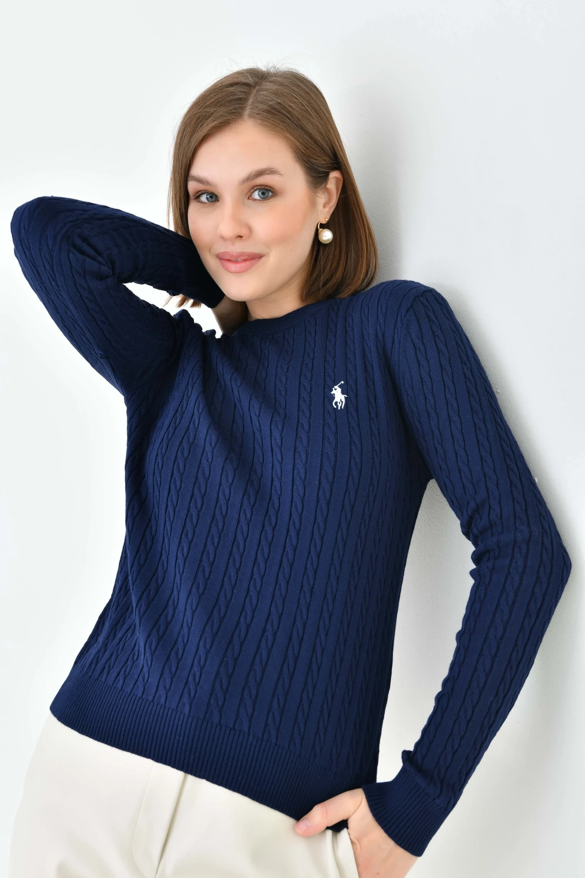 Kadın Bisiklet Yaka Saç Örgü Desenli Triko Kazak