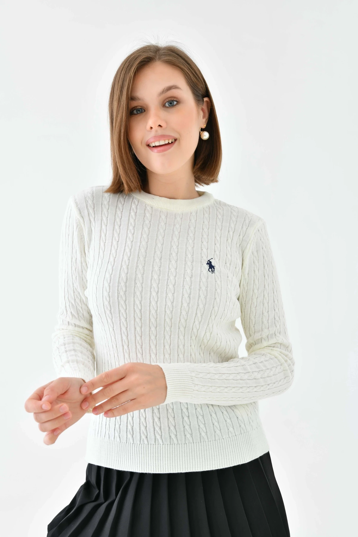 Kadın Bisiklet Yaka Saç Örgü Desenli Triko Kazak