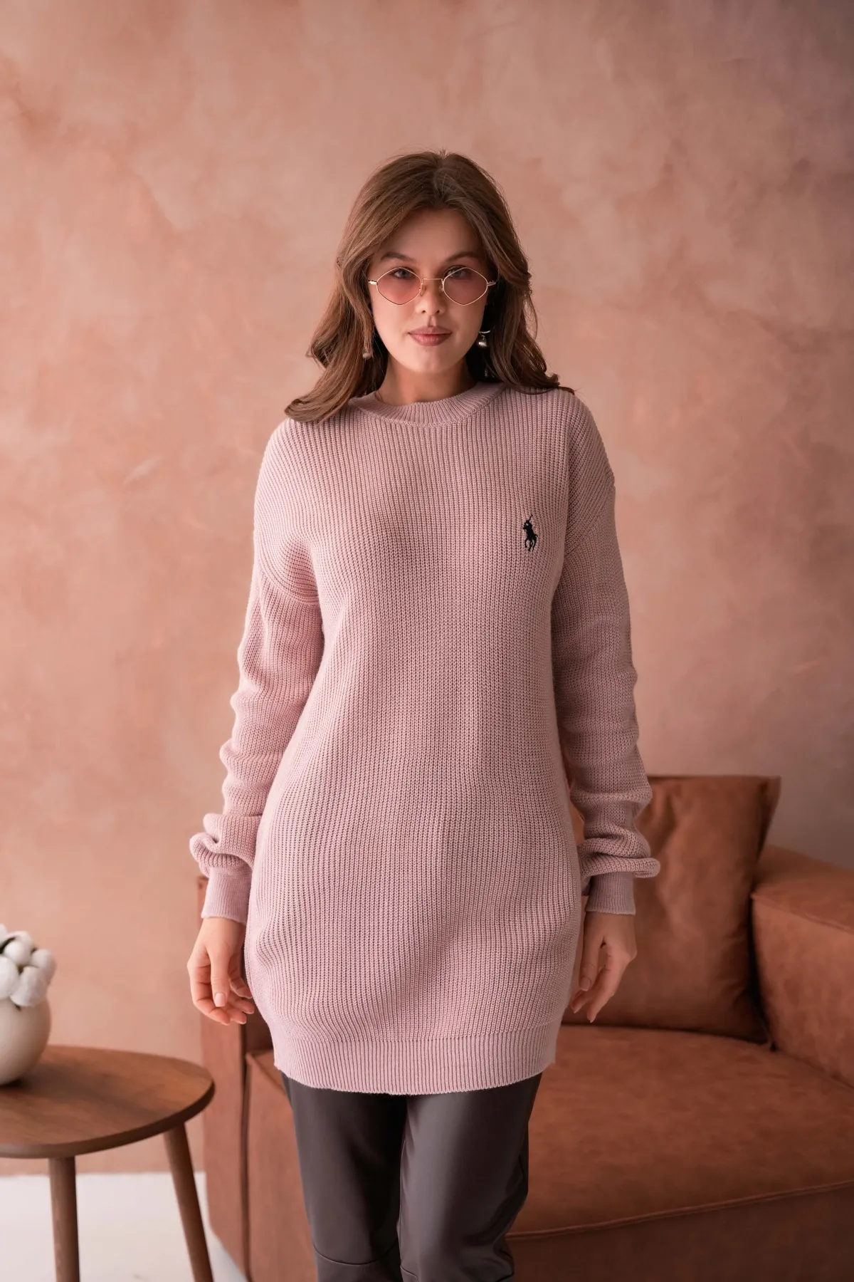 Kadın Bisiklet Yaka Selanik Örgü Nakışlı Triko Tunik 8492