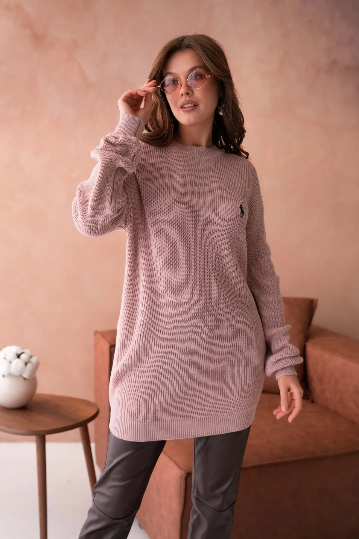 Kadın Bisiklet Yaka Selanik Örgü Nakışlı Triko Tunik 8492