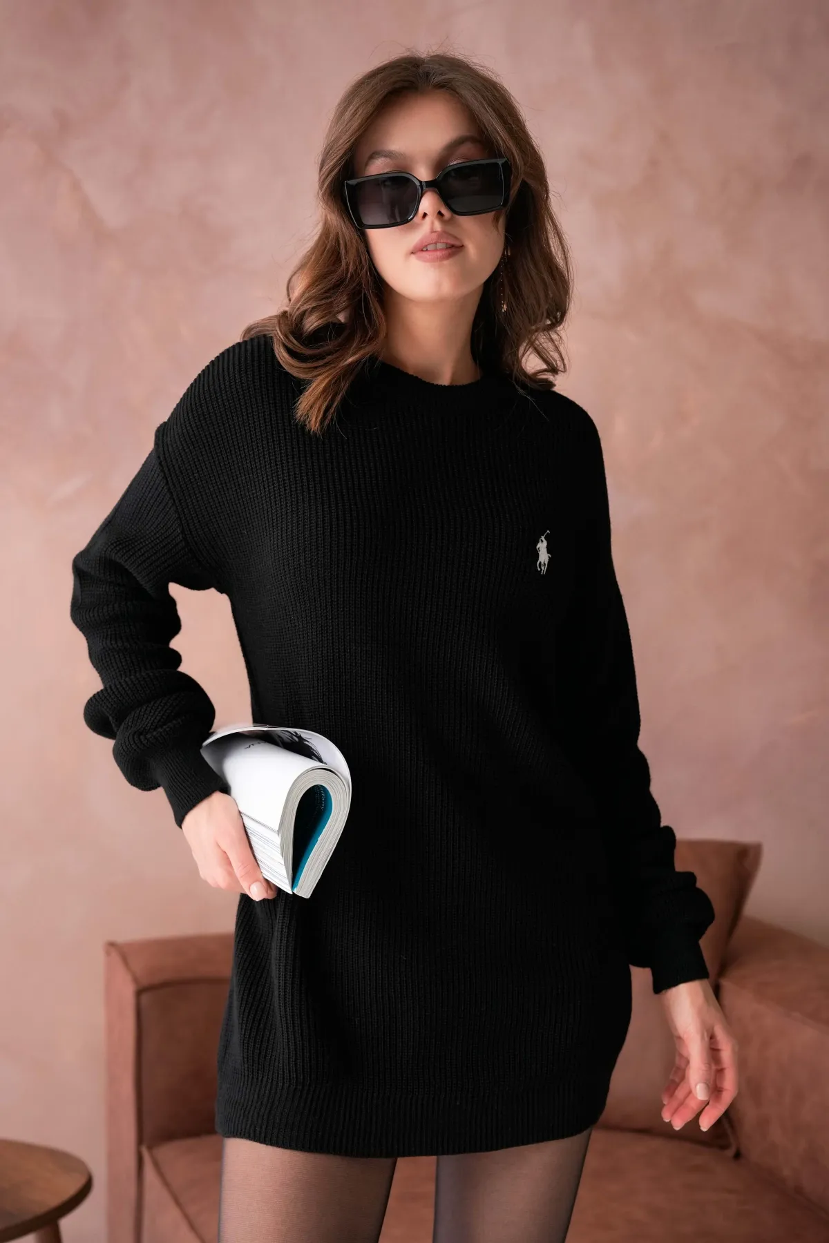 Kadın Bisiklet Yaka Selanik Örgü Nakışlı Triko Tunik 8492